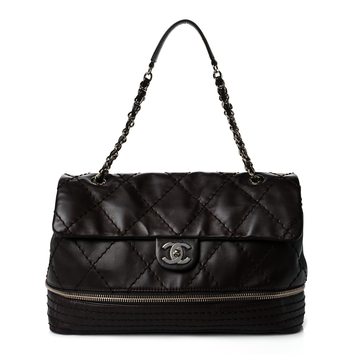 Calfskin Stitched Large Expandable Flap Bag Brown