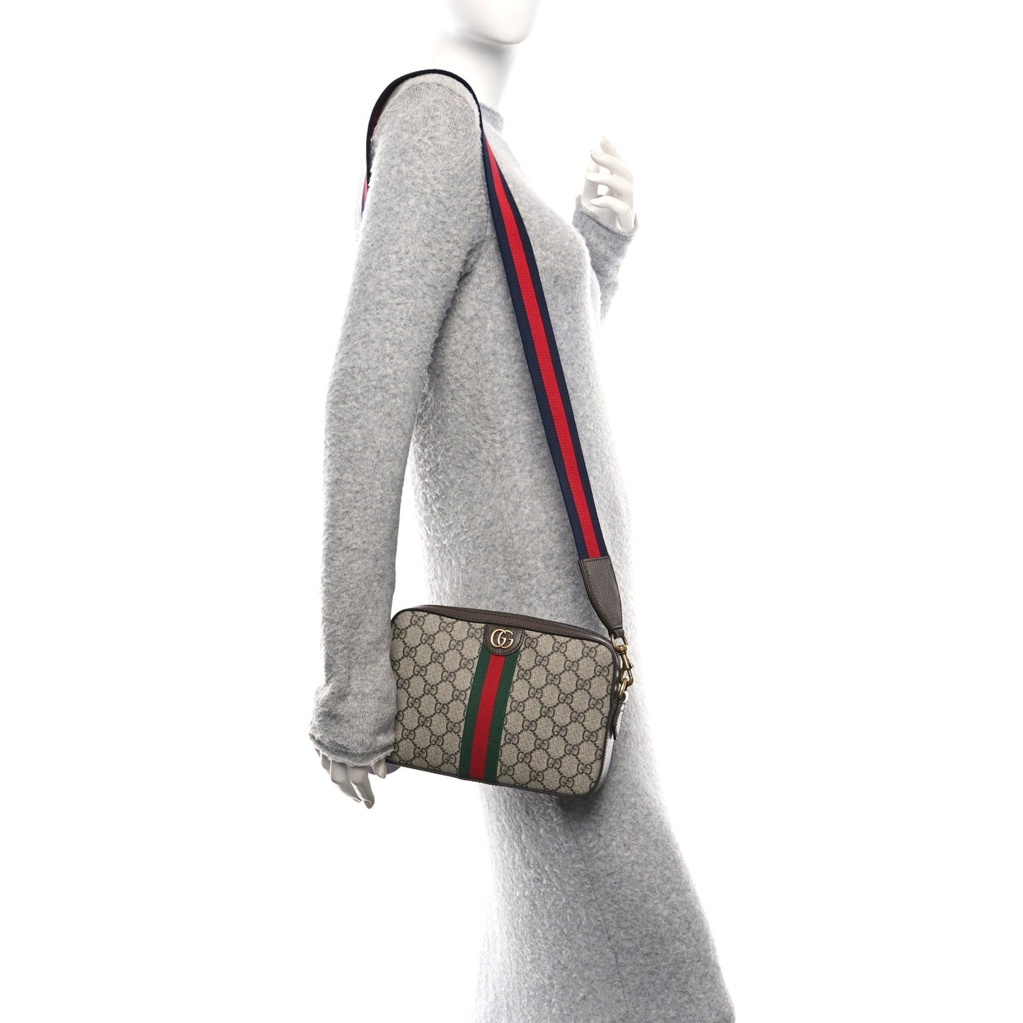 GG Supreme Monogram Textured Dollar Calfskin Web Ophidia Wristlet Shoulder Bag Beige Ebony New Acero