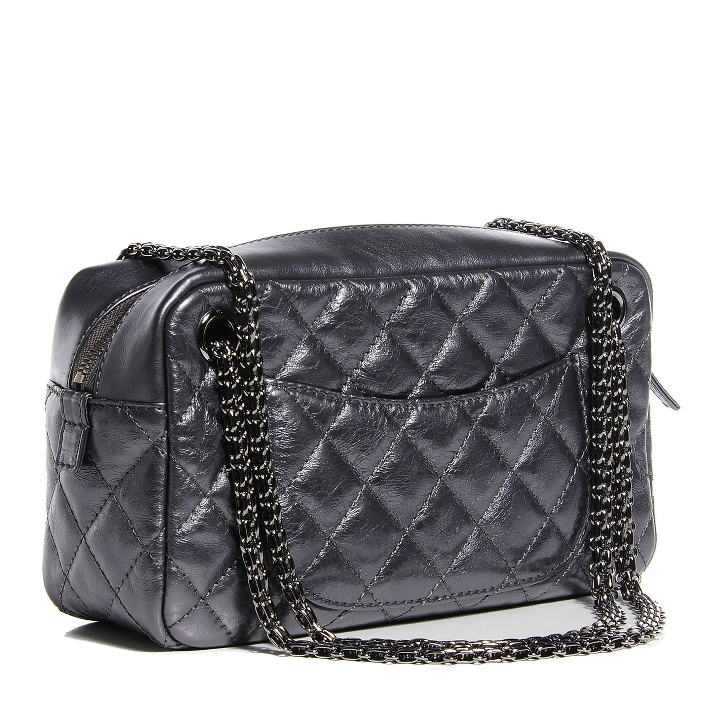 Metallic Aged Calfskin Quilted Small Reissue Camera Case Dark Silver