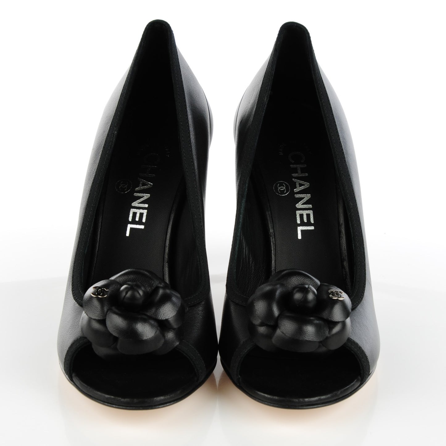 Lambskin Camellia Peep Toe Pumps 38 Black