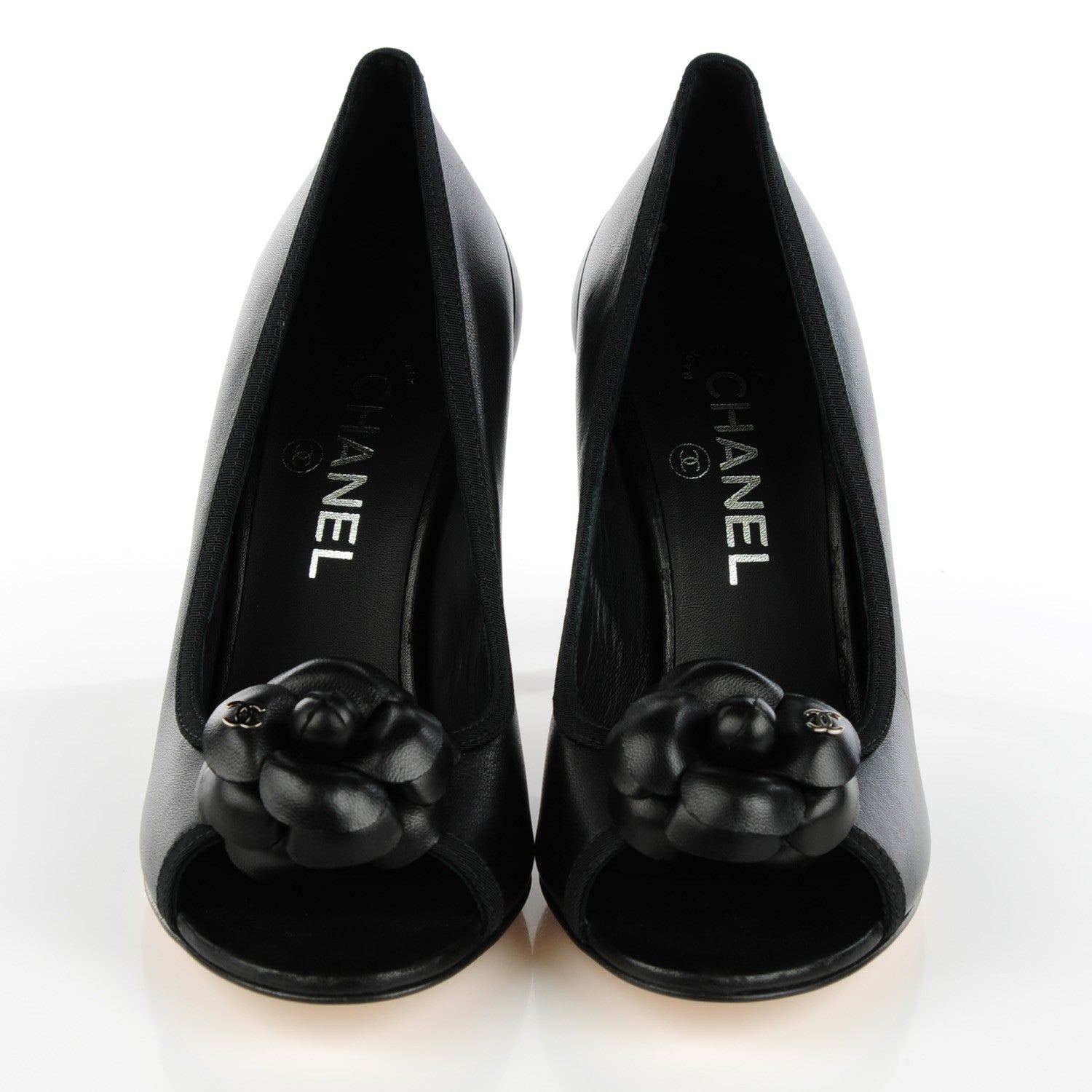 Chanel Lambskin Camellia Peep Toe Pumps 38 Black 2 of 9