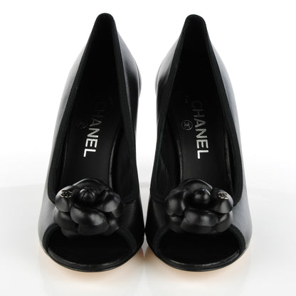 Chanel Lambskin Camellia Peep Toe Pumps 38 Black 2 of 9