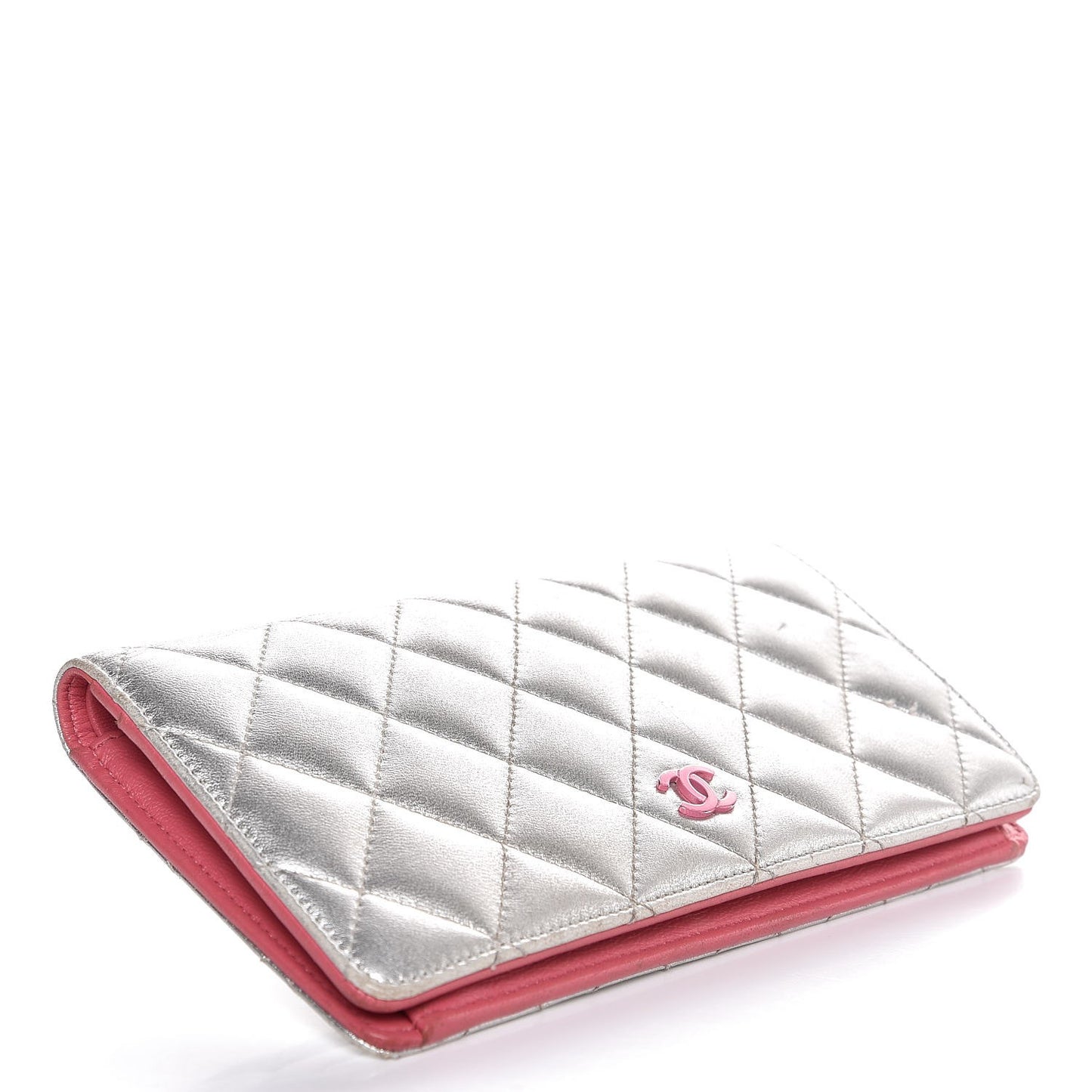 Metallic Lambskin Quilted Yen Wallet Silver Pink