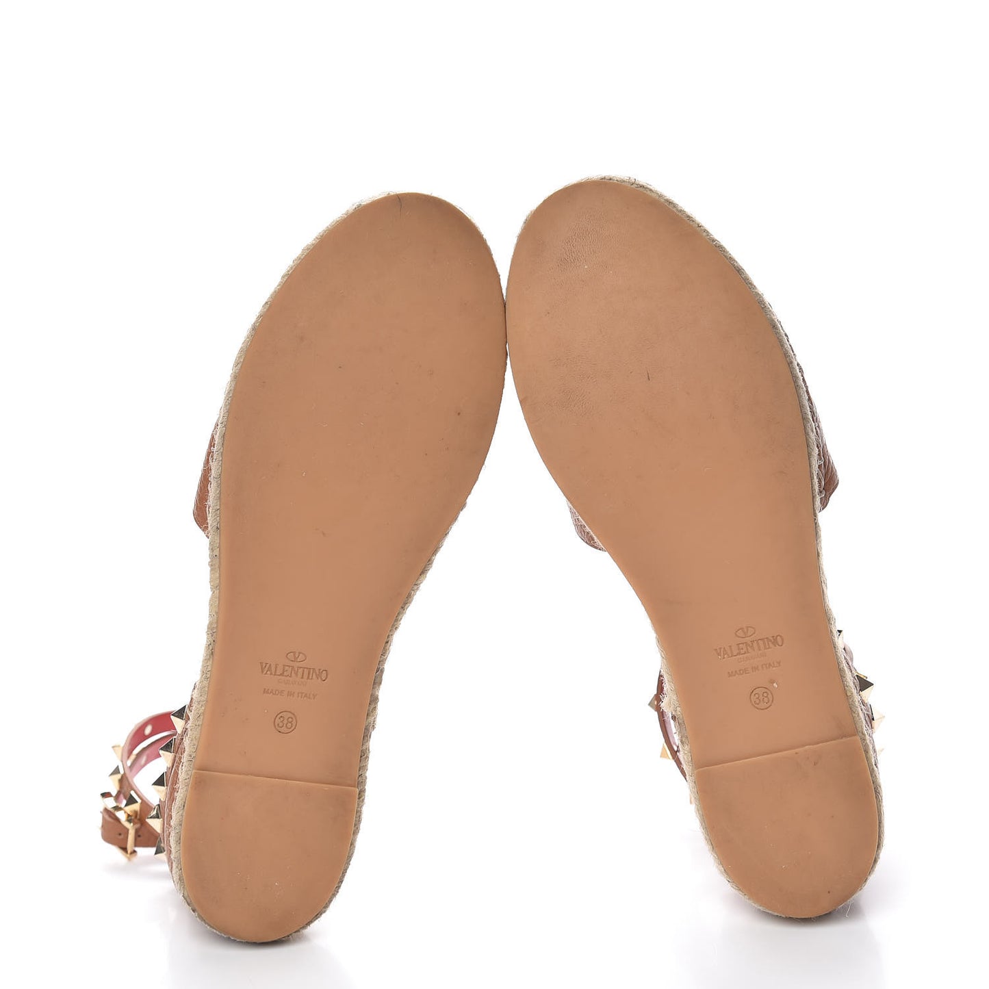 Grained Calfskin Rockstud Ankle Wrap Espadrille Flats 38 Cognac
