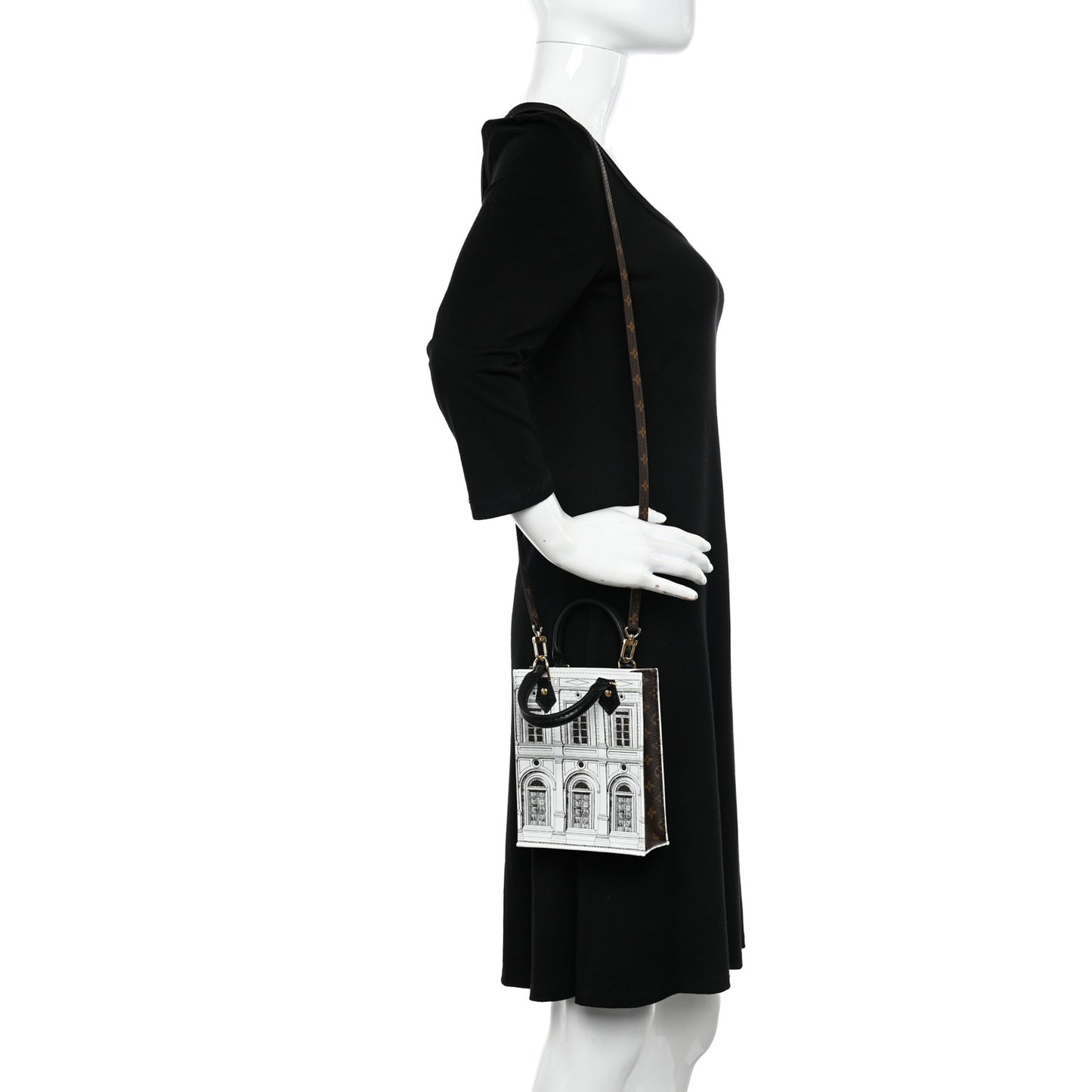 X FORNASETTI Calfskin Architettura Petit Sac Plat Black White