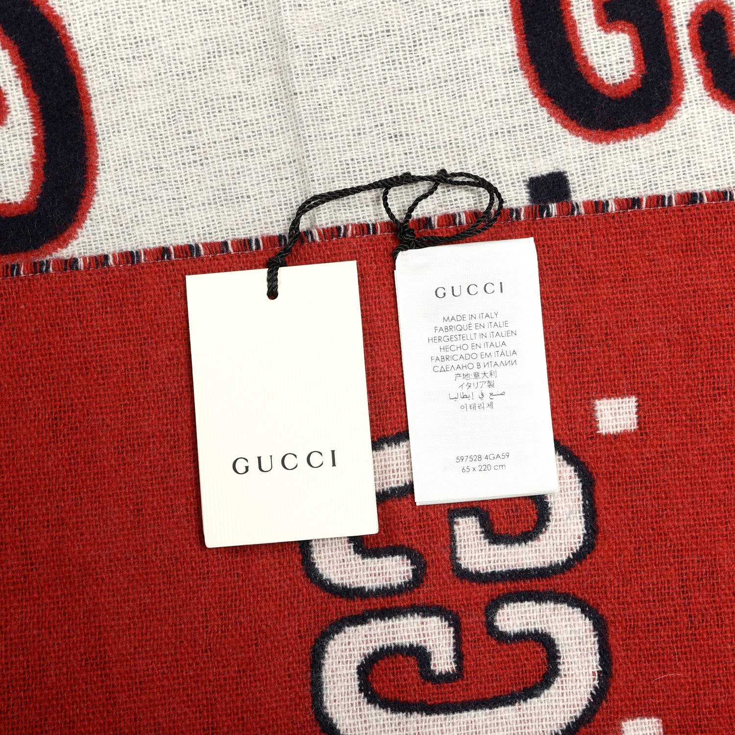 Gucci Cashmere Wool GG Monogram Reversible Intarsia Scarf Red Ivory 4 of 4