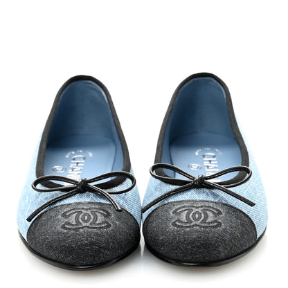 Chanel Denim Printed Quilt CC Cap Toe Ballerina Flats 35 Light Blue Dark Grey 3 of 10