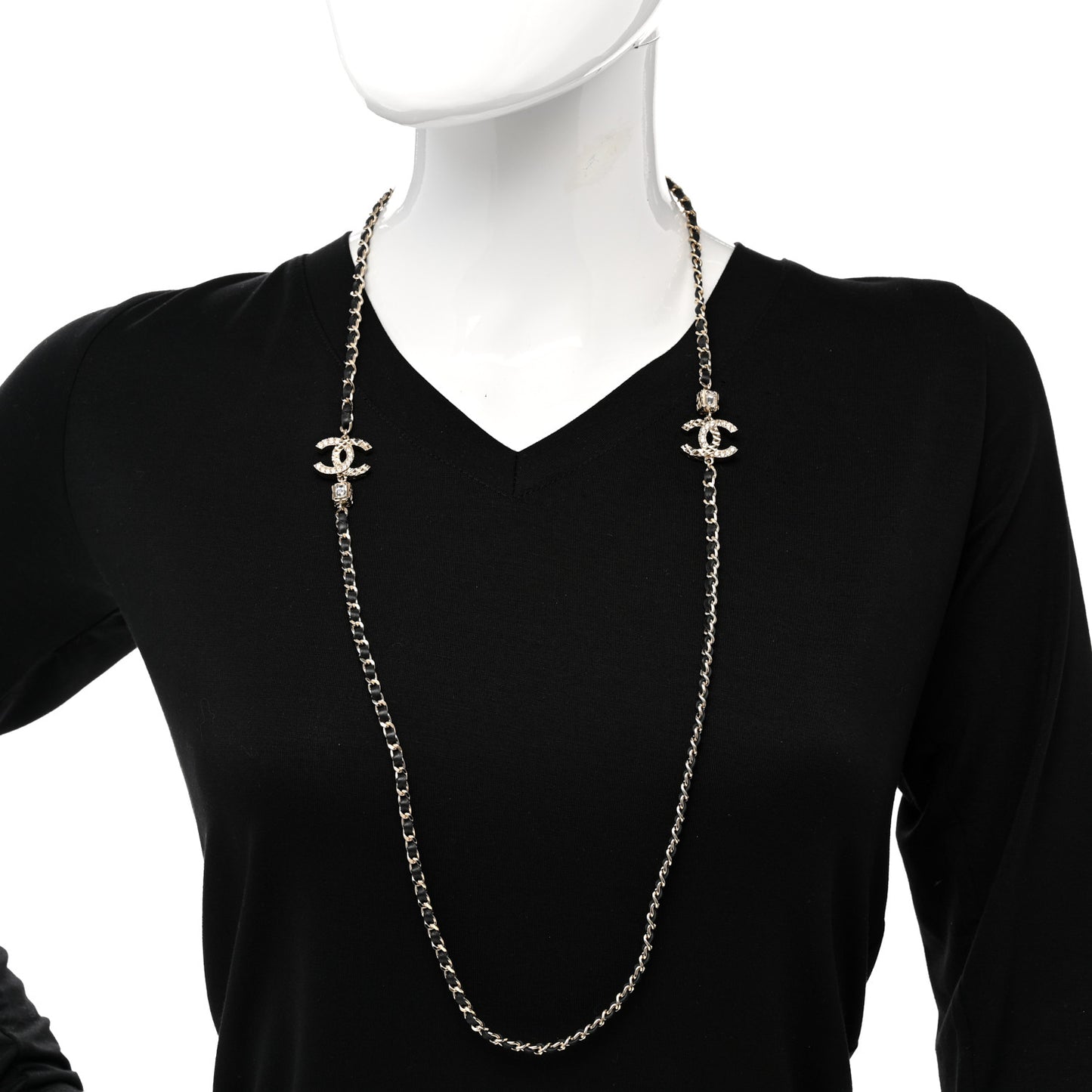 Metal Lambskin Crystal CC Necklace Black Gold