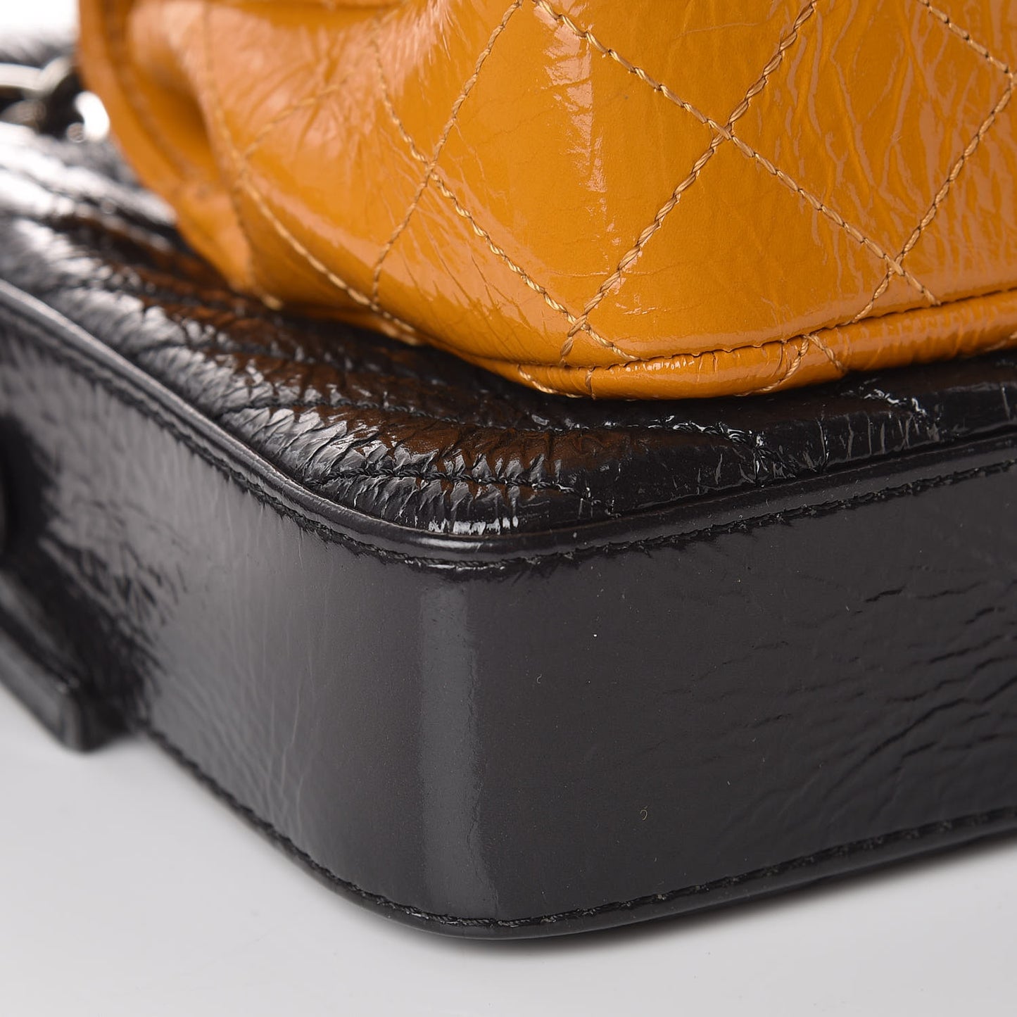 Distressed Patent Chevron Quilted Double Camera Bag With Flap Black Yellow