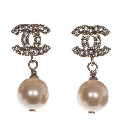 Chanel Crystal Pearl CC Drop Earrings Light Gold 1 of 4