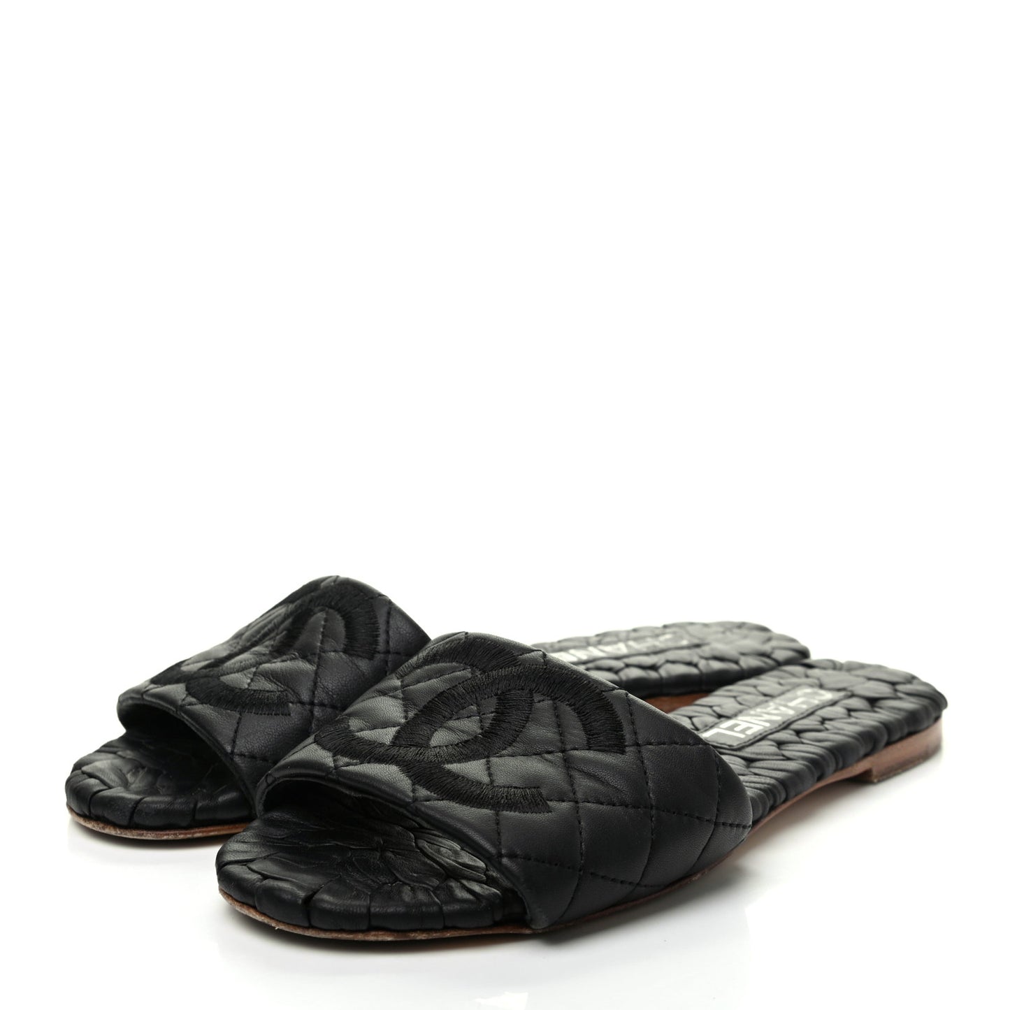 Lambskin Quilted Embroidered CC Mules Sandals 36 Black