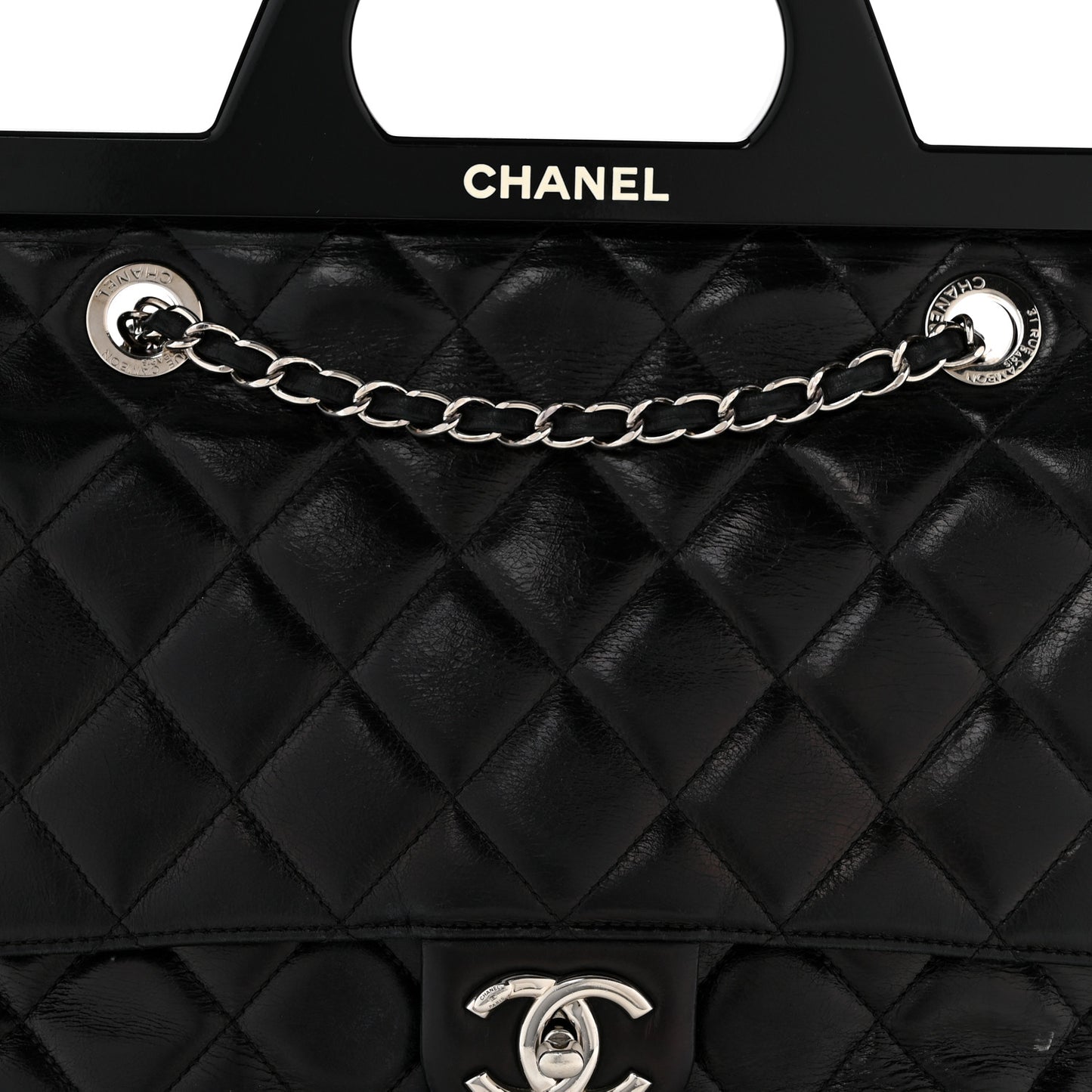 Glazed Calfskin Quilted Small CC Delivery Tote Black
