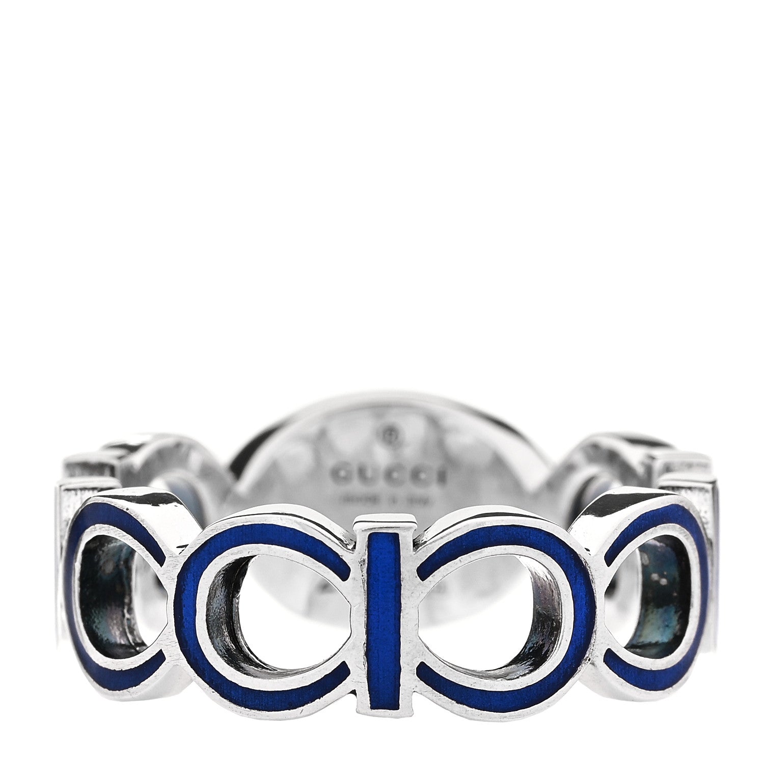 Gucci Sterling Silver Enamel Interlocking G Logo Ring 60 9 Blue 3 of 4