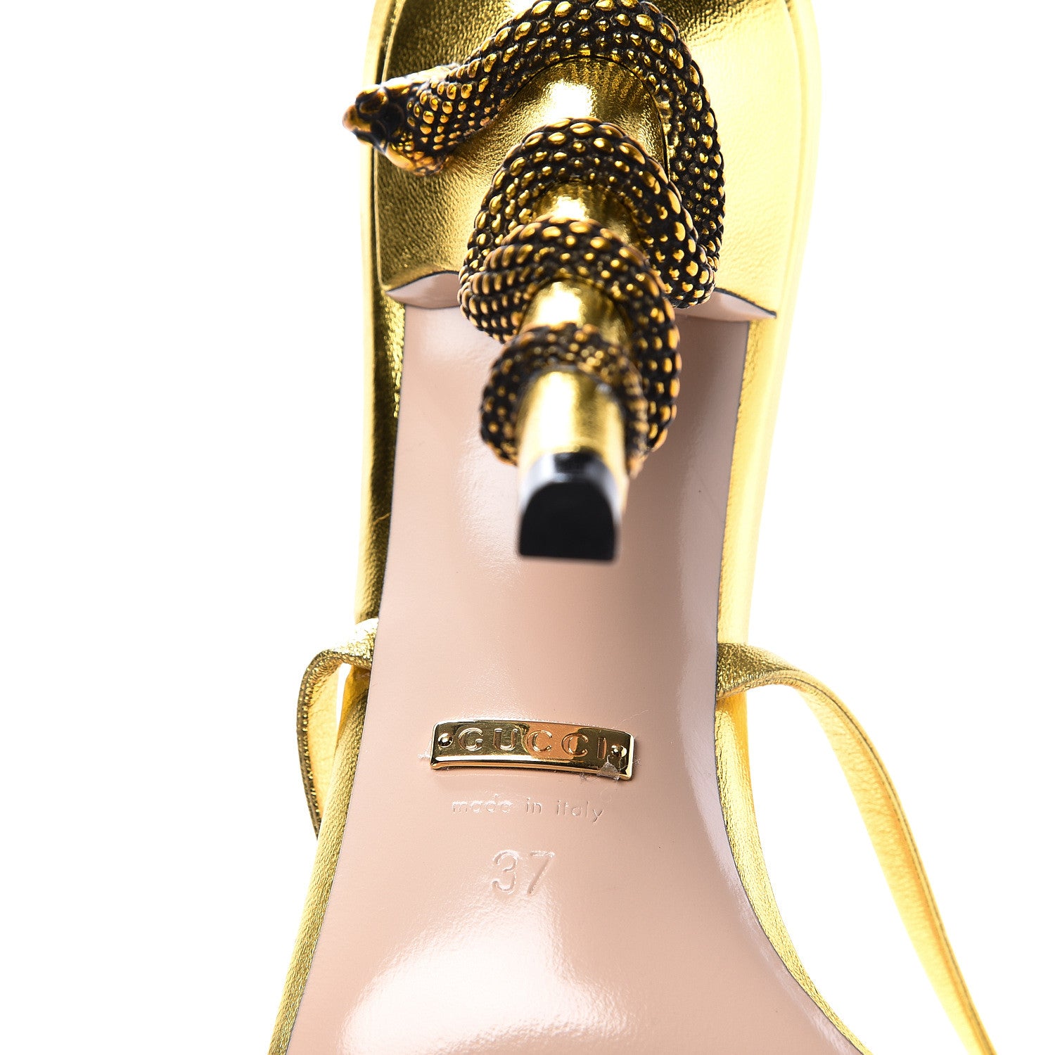 Gucci Metallic Nappa Snake Criss Cross High Heel Sandals 37 Gold 9 of 10