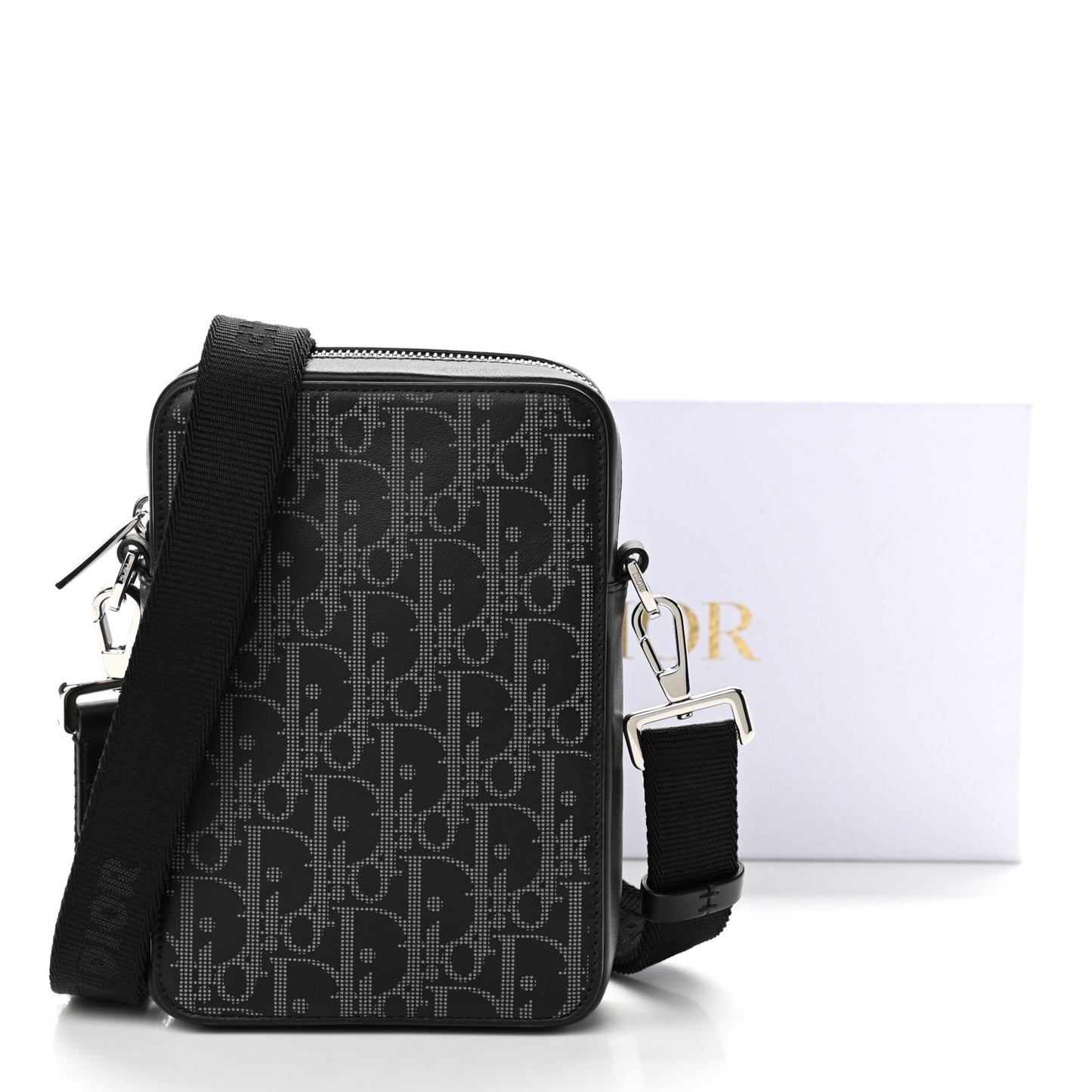 Calfskin Oblique Galaxy Perforated World Tour Messenger Pouch Black