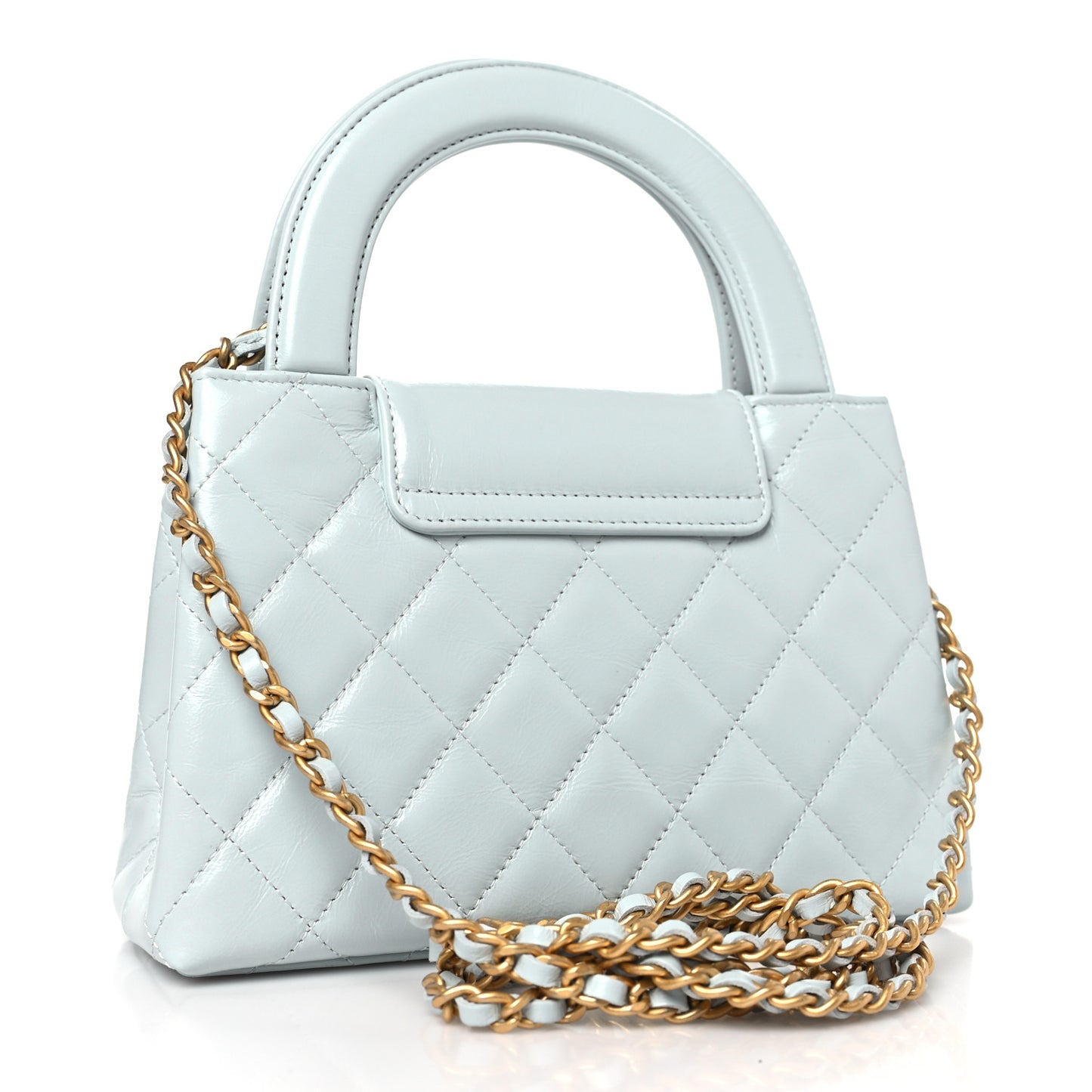 Shiny Aged Calfskin Quilted Nano Kelly Shopper Light Blue