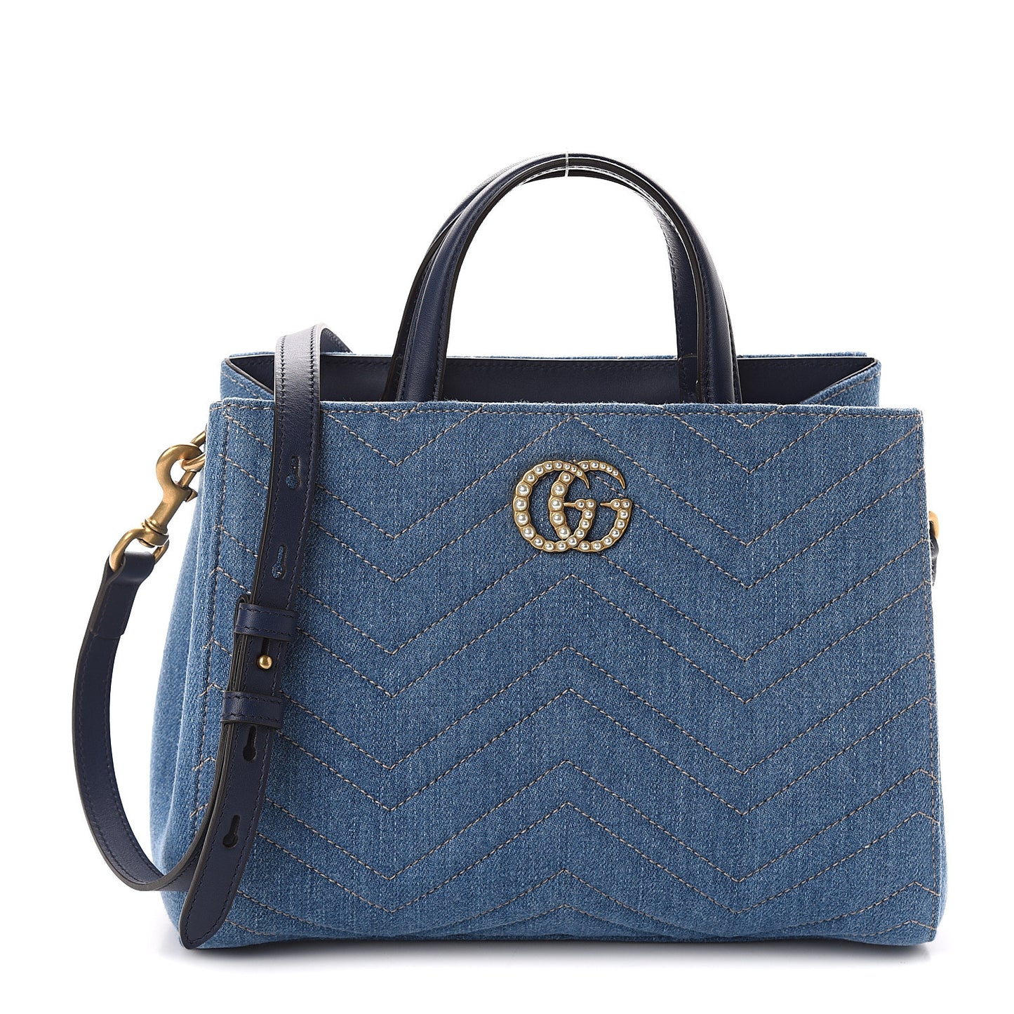 Denim Matelasse Small Pearly GG Marmont Tote Blue