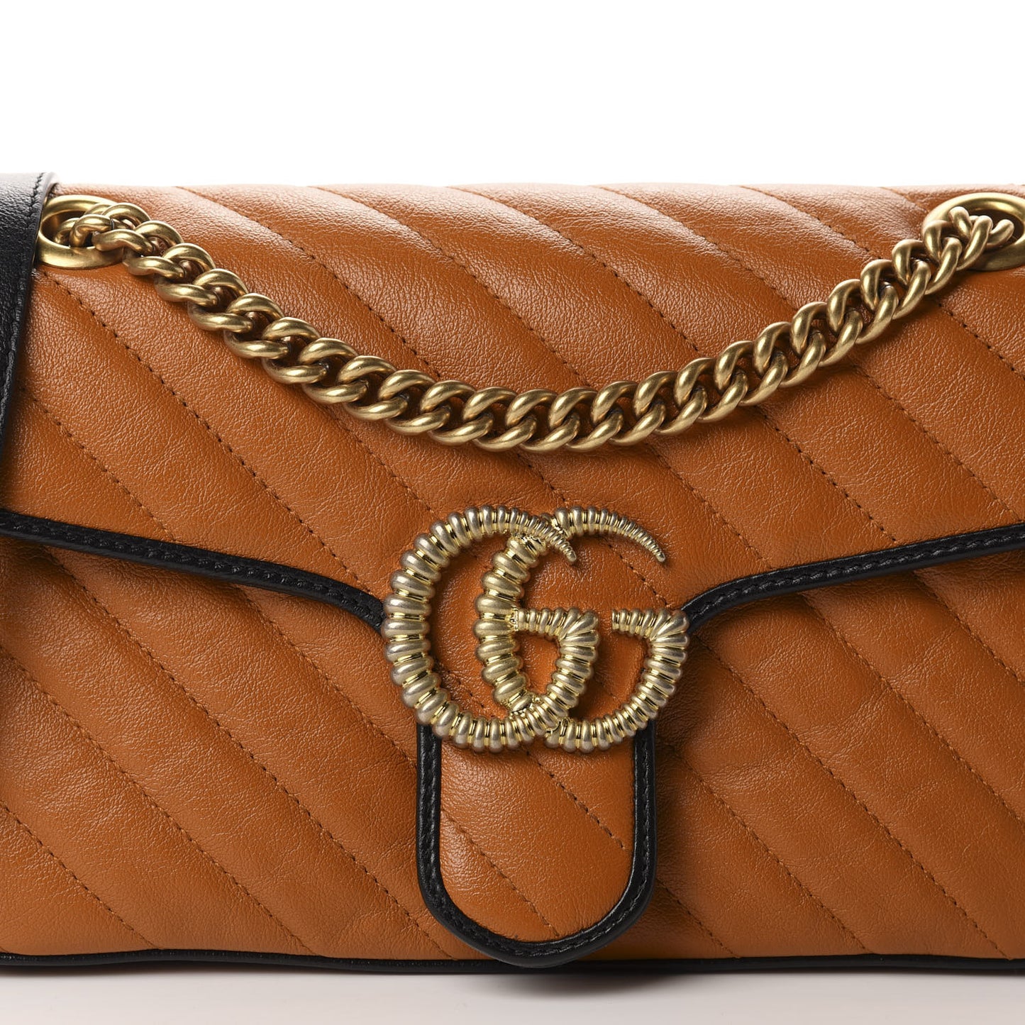 Vintage Effect Calfskin Matelasse Diagonal Small Torchon GG Marmont Shoulder Bag Cognac Black