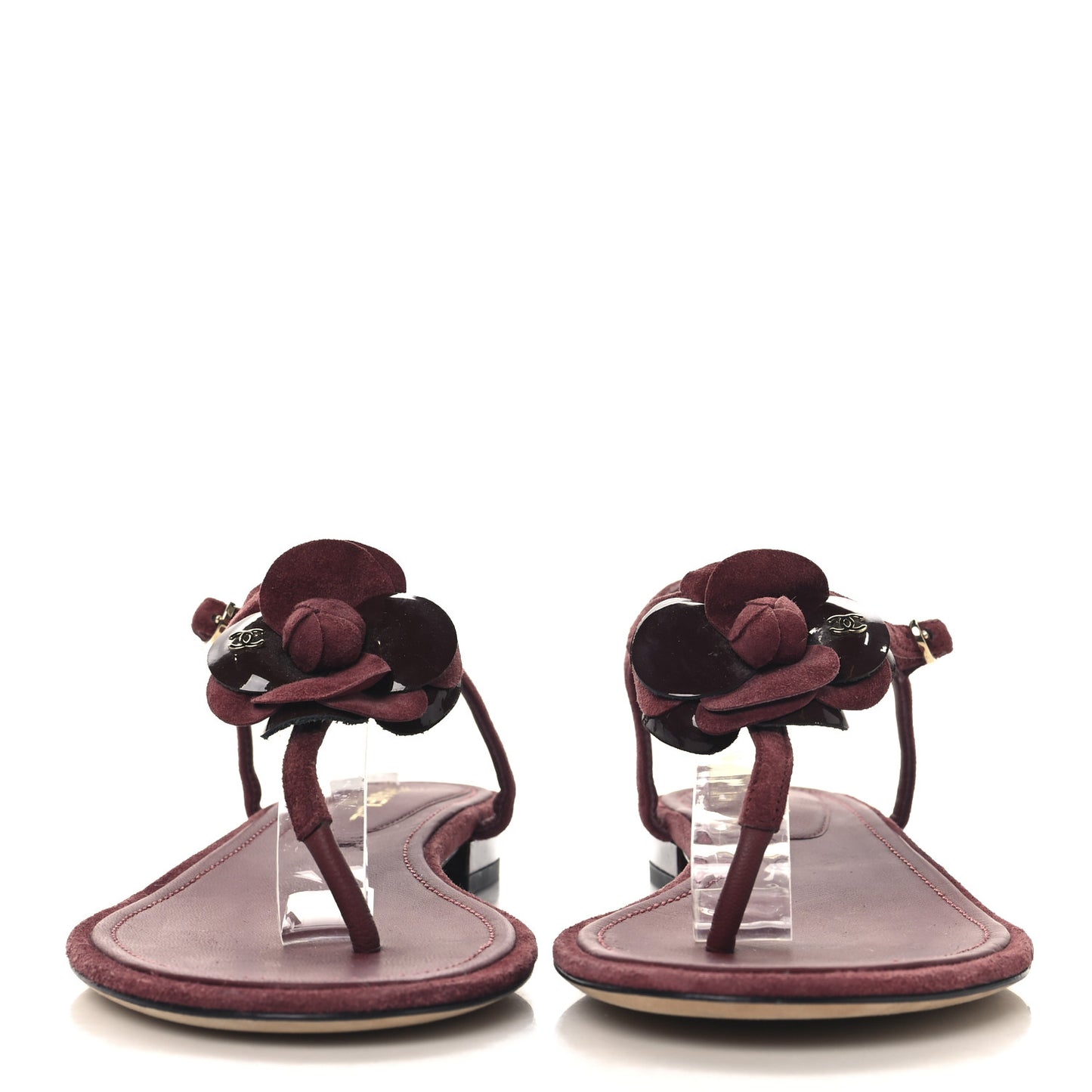 Suede Calfskin Camellia Thong Sandals 39.5 Burgundy