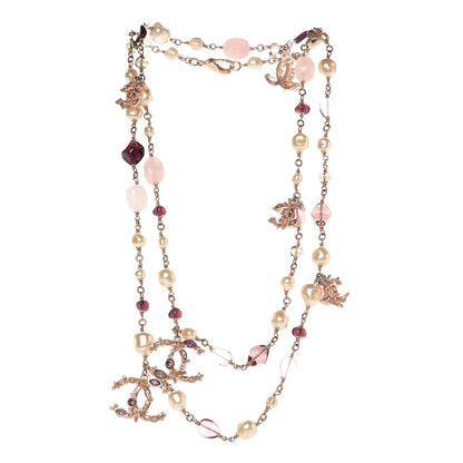 Chanel Beaded Pearl Crystal CC Long Strand Necklace Gold Purple 3 of 5