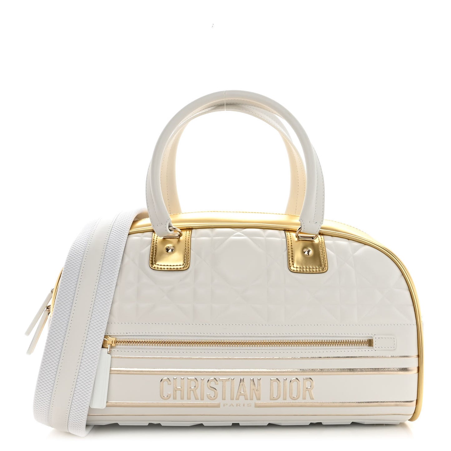 Calfskin Padded Macrocannage Medium Dior Vibe Zip Bowling Bag White Gold