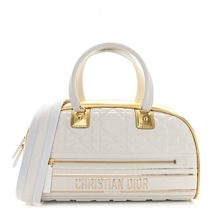 Christian Dior Calfskin Padded Macrocannage Medium Dior Vibe Zip Bowling Bag White Gold 1 of 13