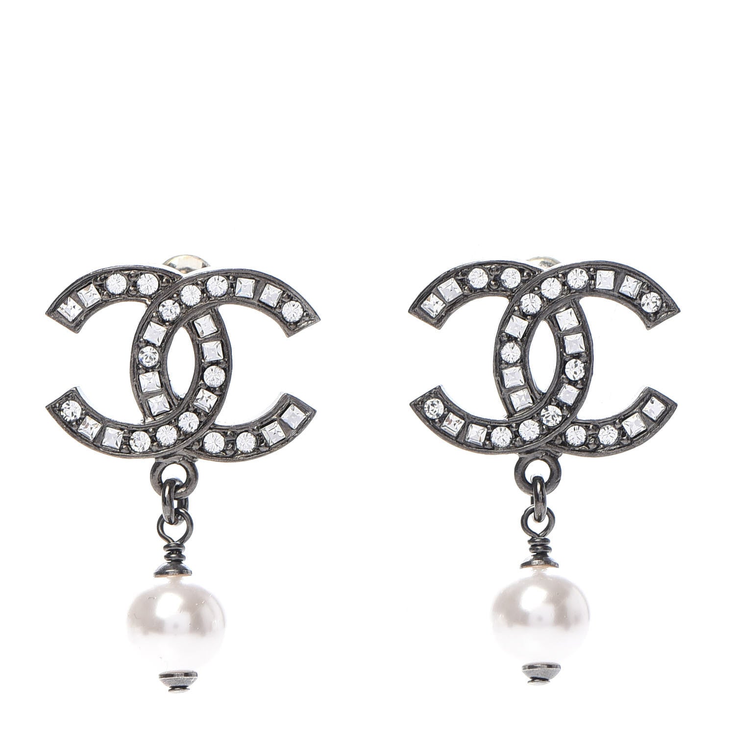 Chanel Ruthenium Crystal Pearl CC Drop Earrings 1 of 5
