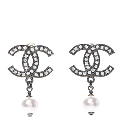 Chanel Ruthenium Crystal Pearl CC Drop Earrings 1 of 5