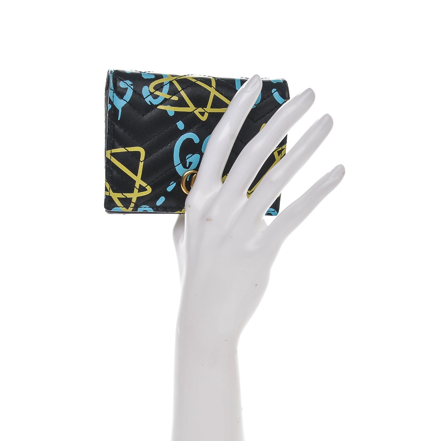 Calfskin Matelasse GucciGhost GG Marmont Card Case Wallet Black New Acquamarine