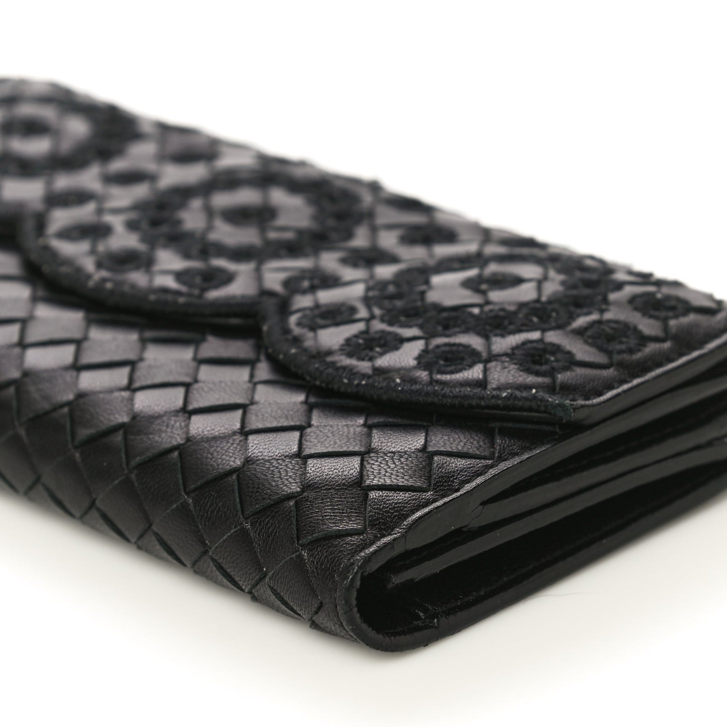 Nappa Intrecciato Embroidered Lace Continental Flap Wallet Black