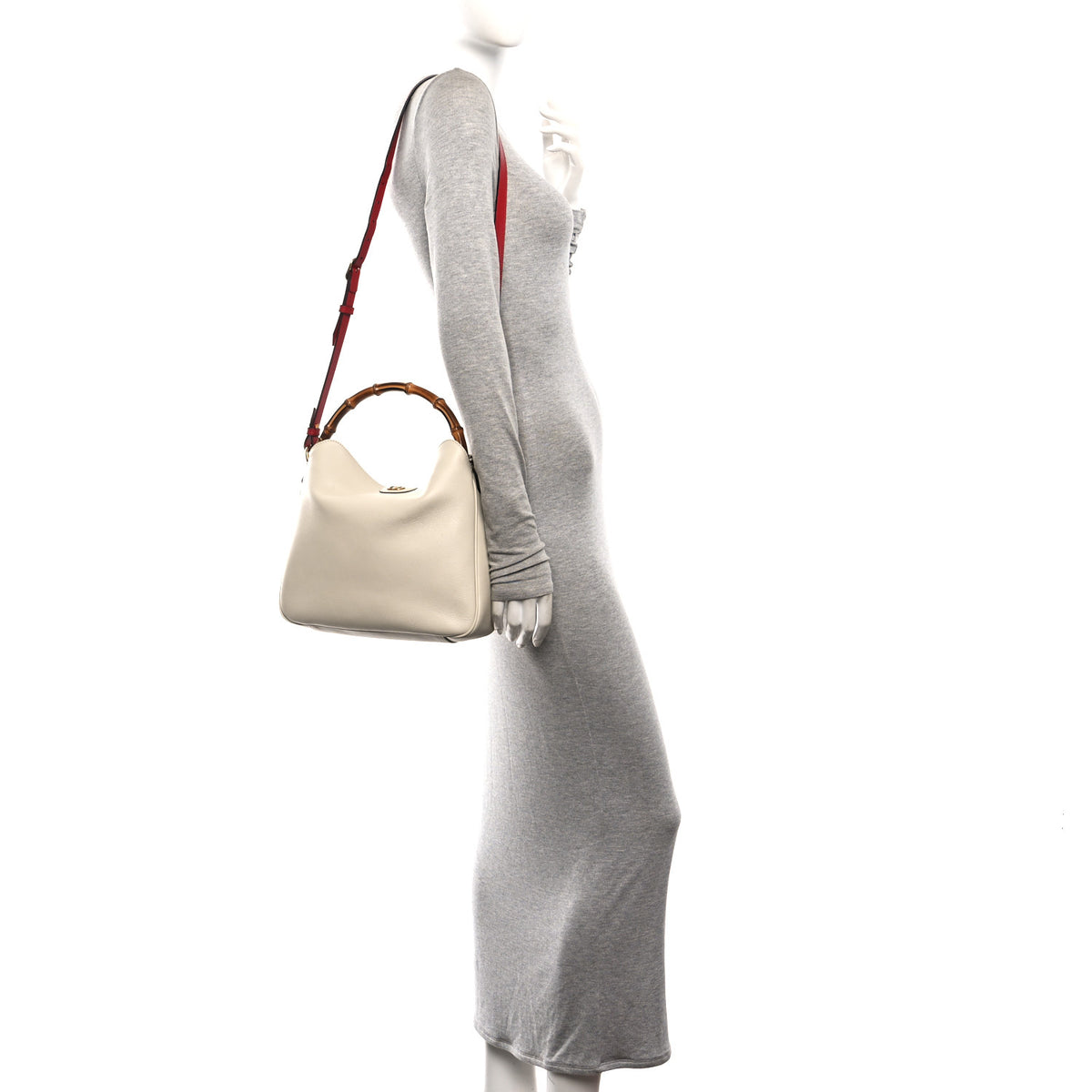 Gucci Softy Wonka Textured Dollar Calfskin Medium Diana Bamboo Shoulder Bag Mystic White Hibiscus Red 2 of 10