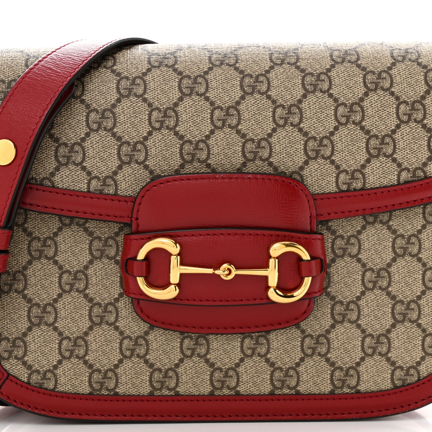 GG Supreme Monogram Azalea Calfskin Horsebit 1955 Shoulder Bag Beige Ebony New Cherry Red