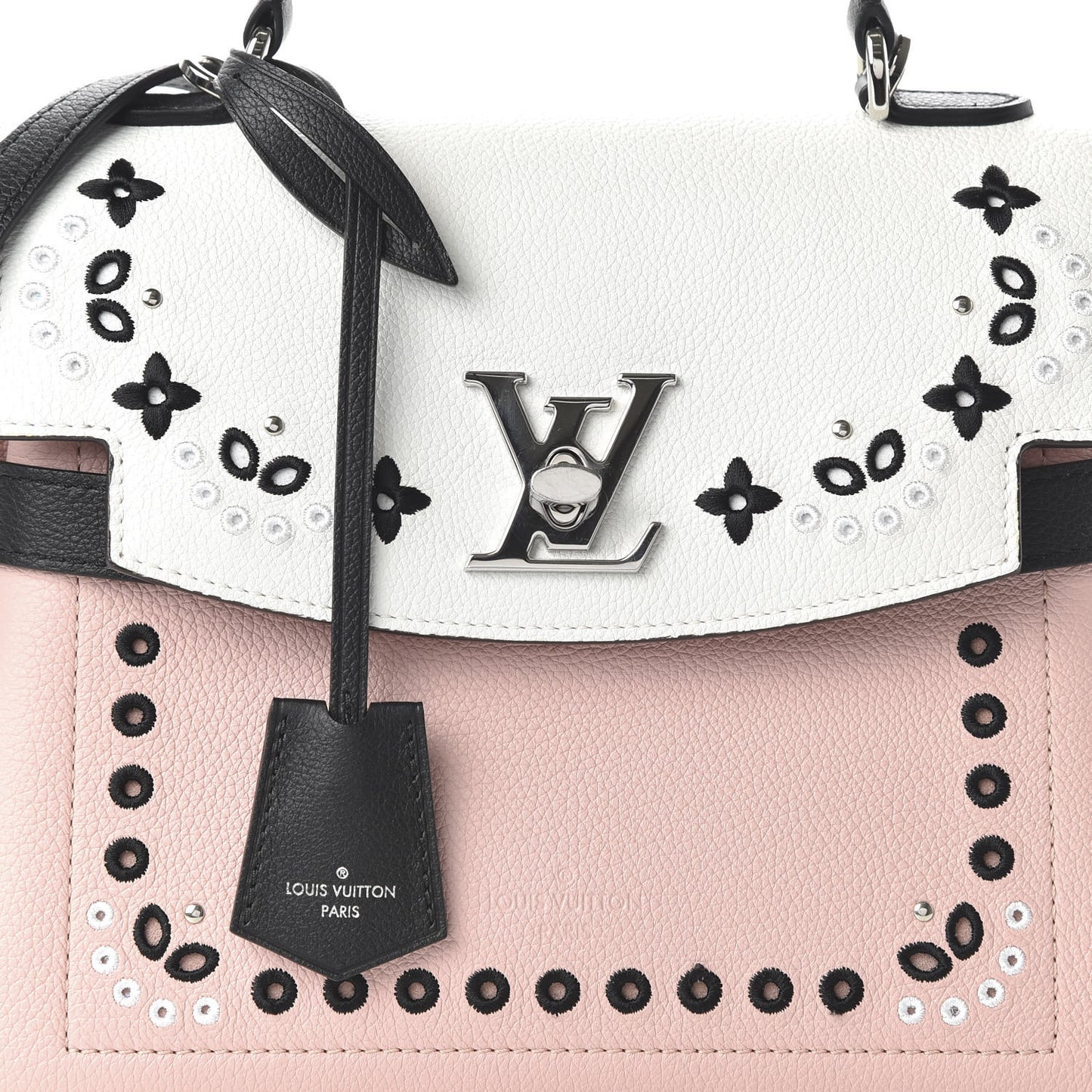Soft Calfskin Embroidered Lockme Ever BB Rose Pink Snow White Black