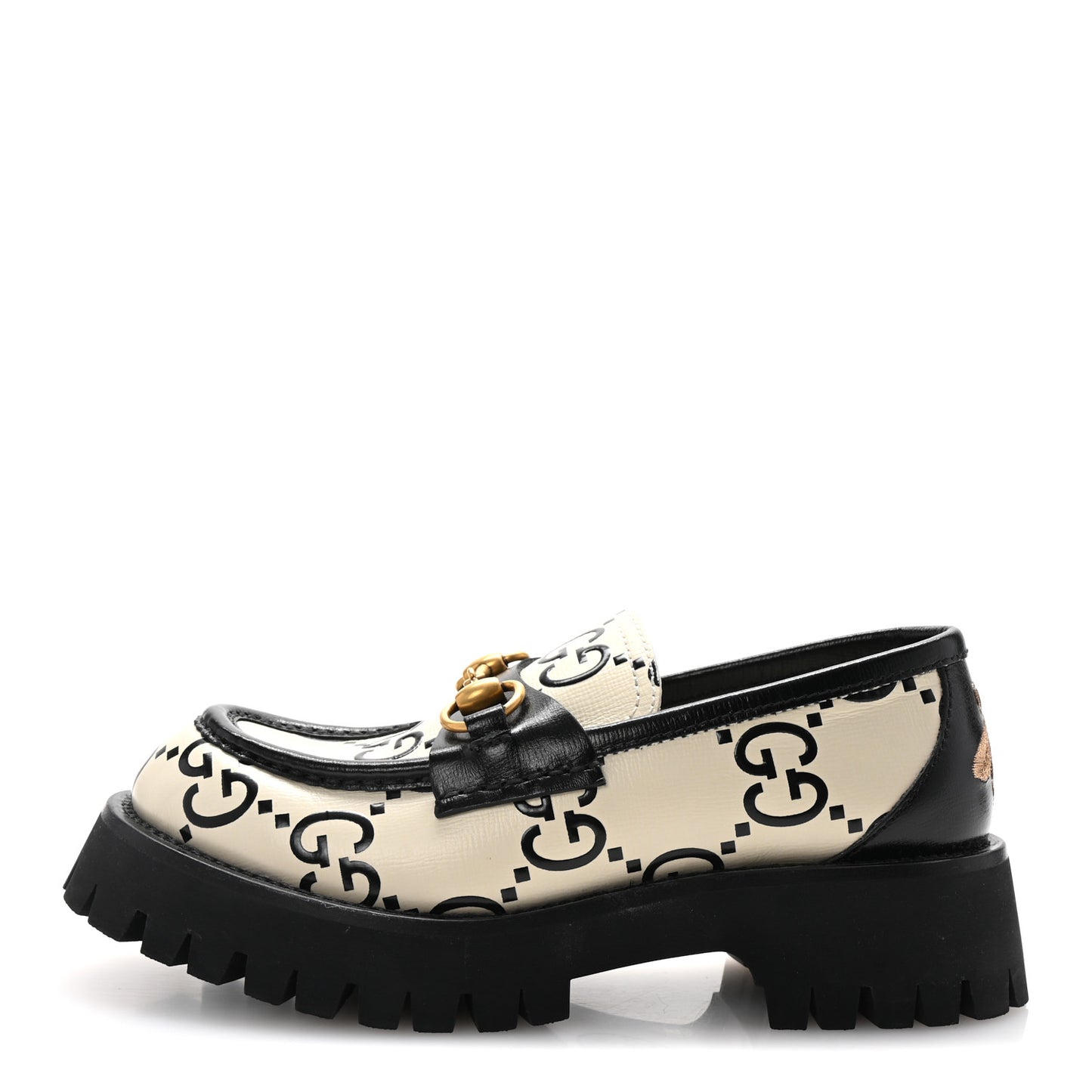 Azalea Calfskin GG Monogram Bi-Color Debossed Womens Harald Horsebit 25mm Platform Loafers 36 Mystic White Black