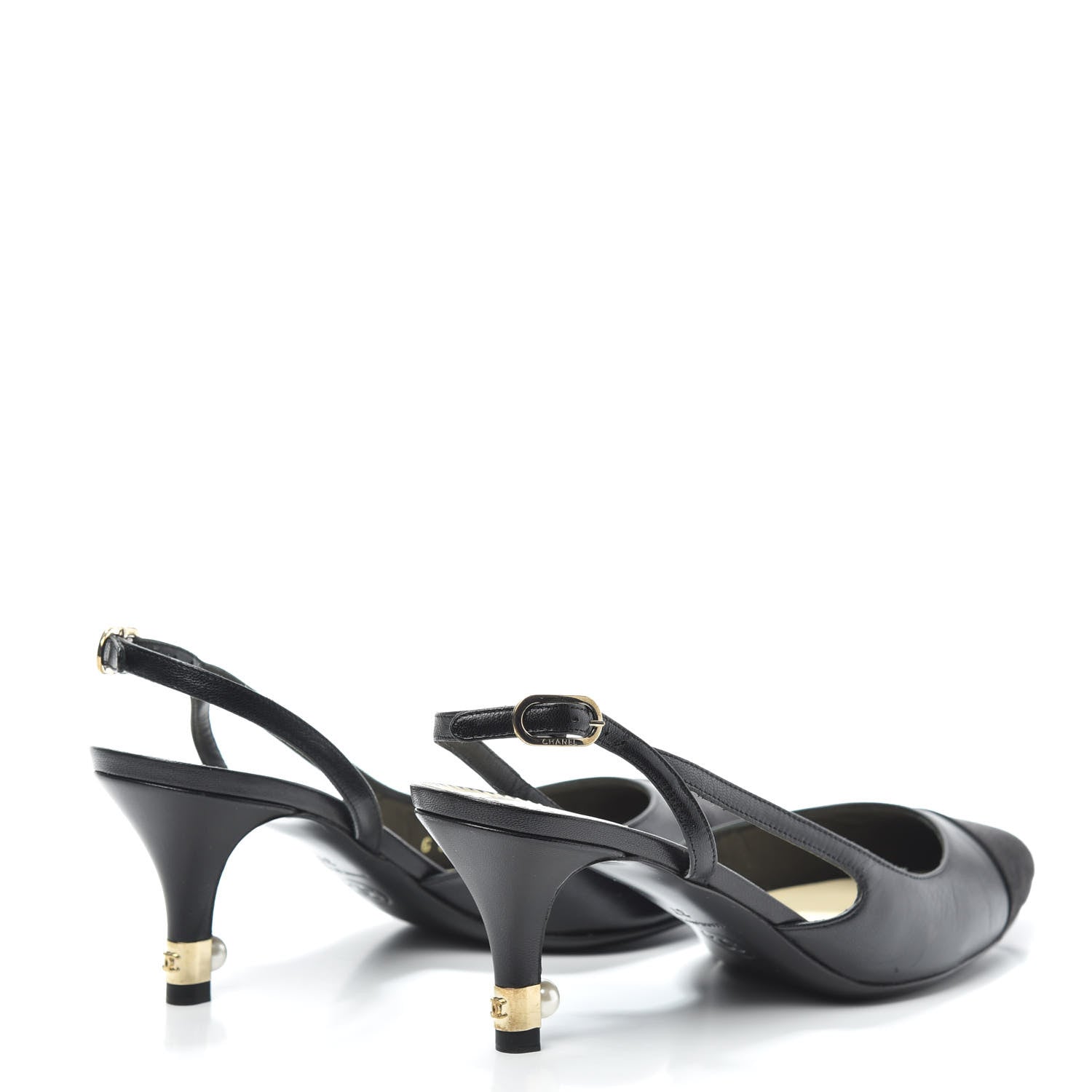 Chanel Lambskin Satin Cap Toe CC Slingback Heels 37 Black 4 of 7