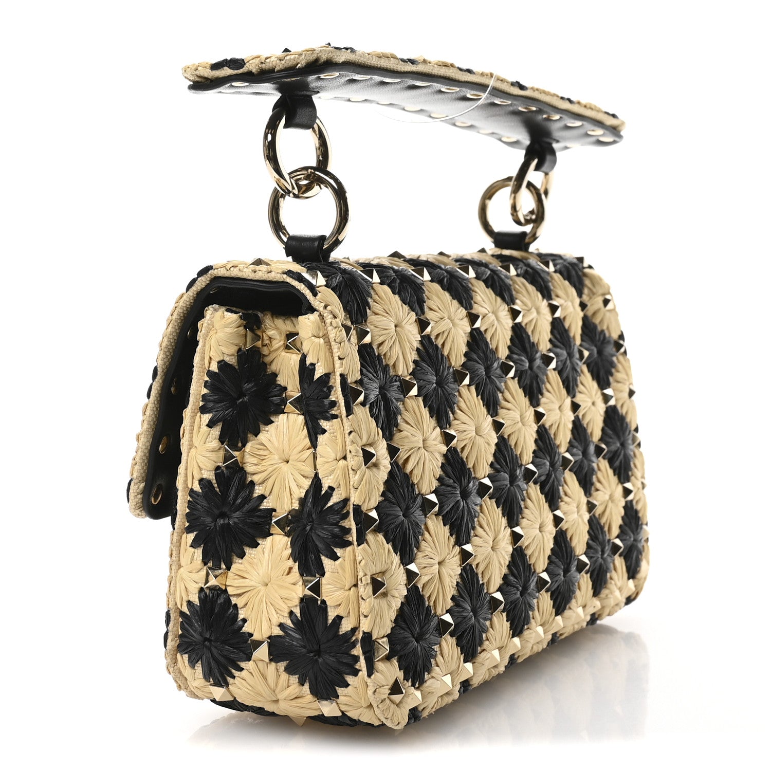 Valentino Garavani Raffia Embroidered Checkered Small Rockstud Spike Shoulder Bag Natural Black 3 of 9