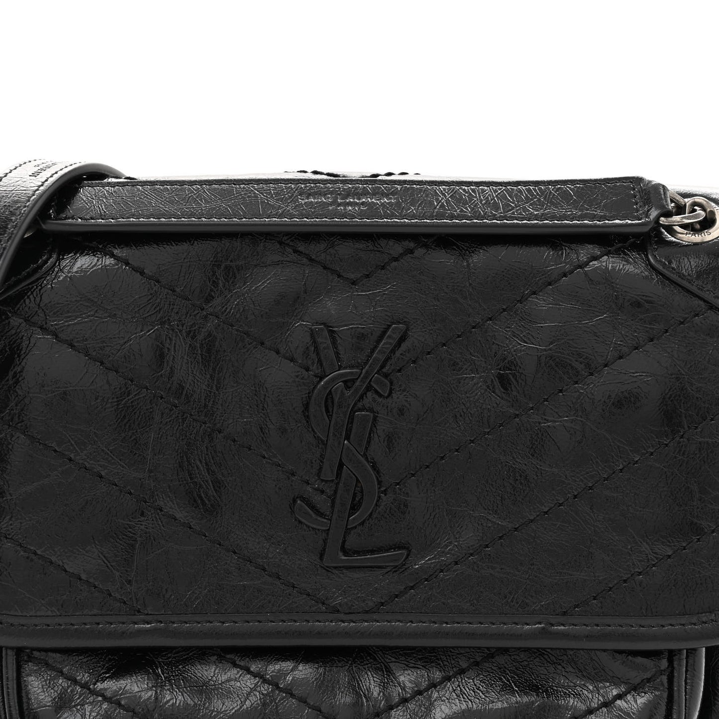 Crinkled Calfskin Matelasse Monogram Baby Niki Chain Satchel Black
