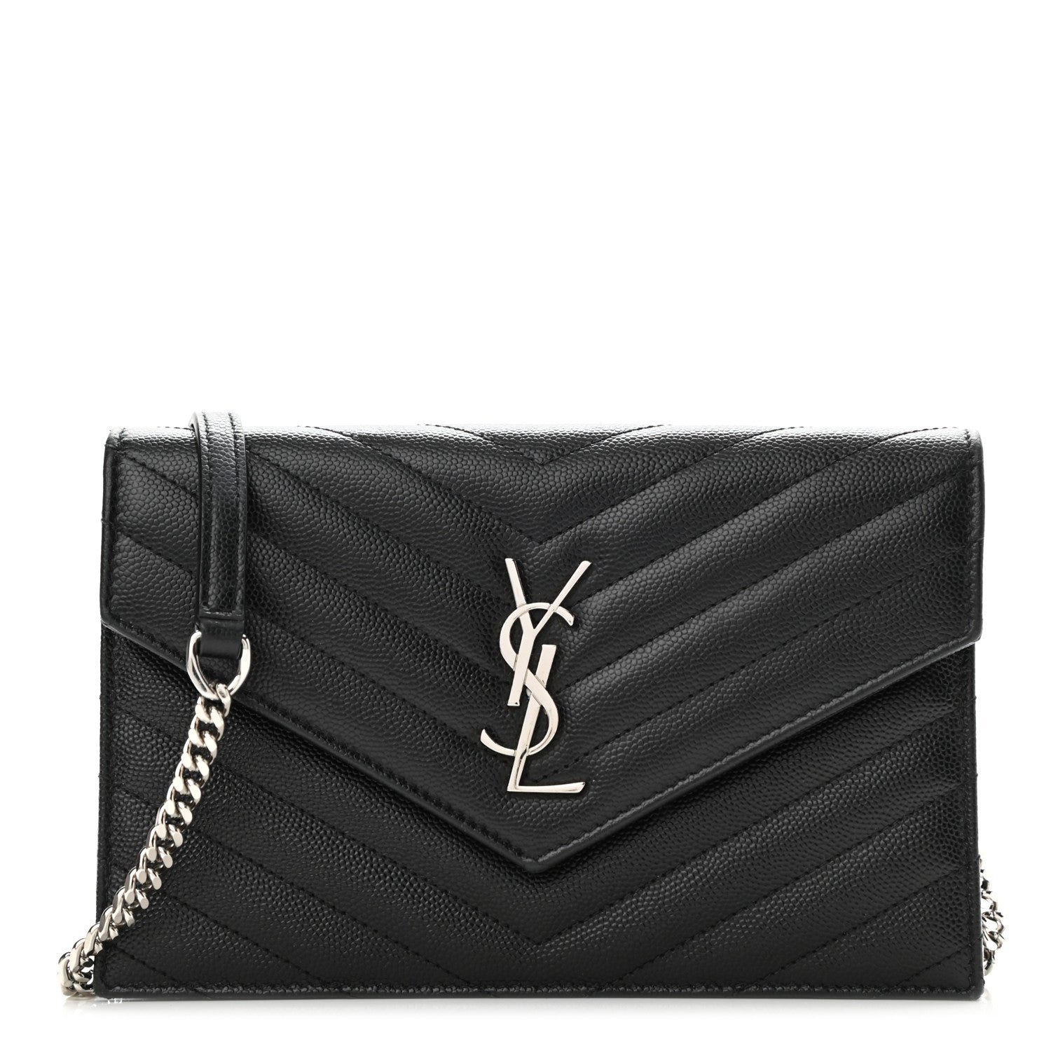 Saint Laurent Grain De Poudre Matelasse Chevron Monogram Envelope Chain Wallet Black 1 of 9