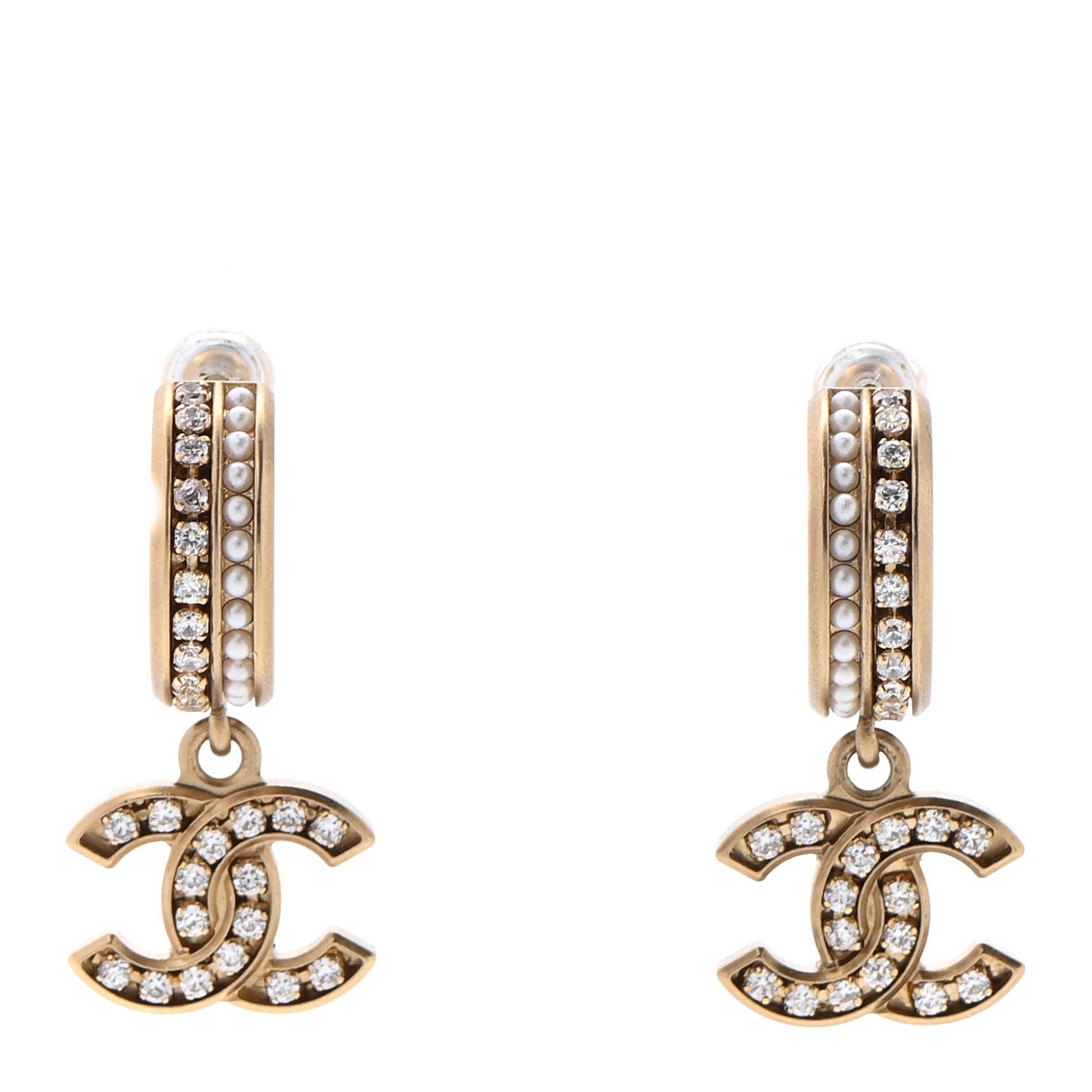 Crystal Pearl CC Hoop Drop Earrings Gold