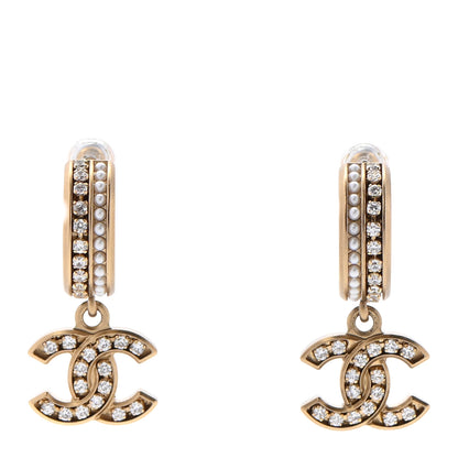 Chanel Crystal Pearl CC Hoop Drop Earrings Gold 1 of 4