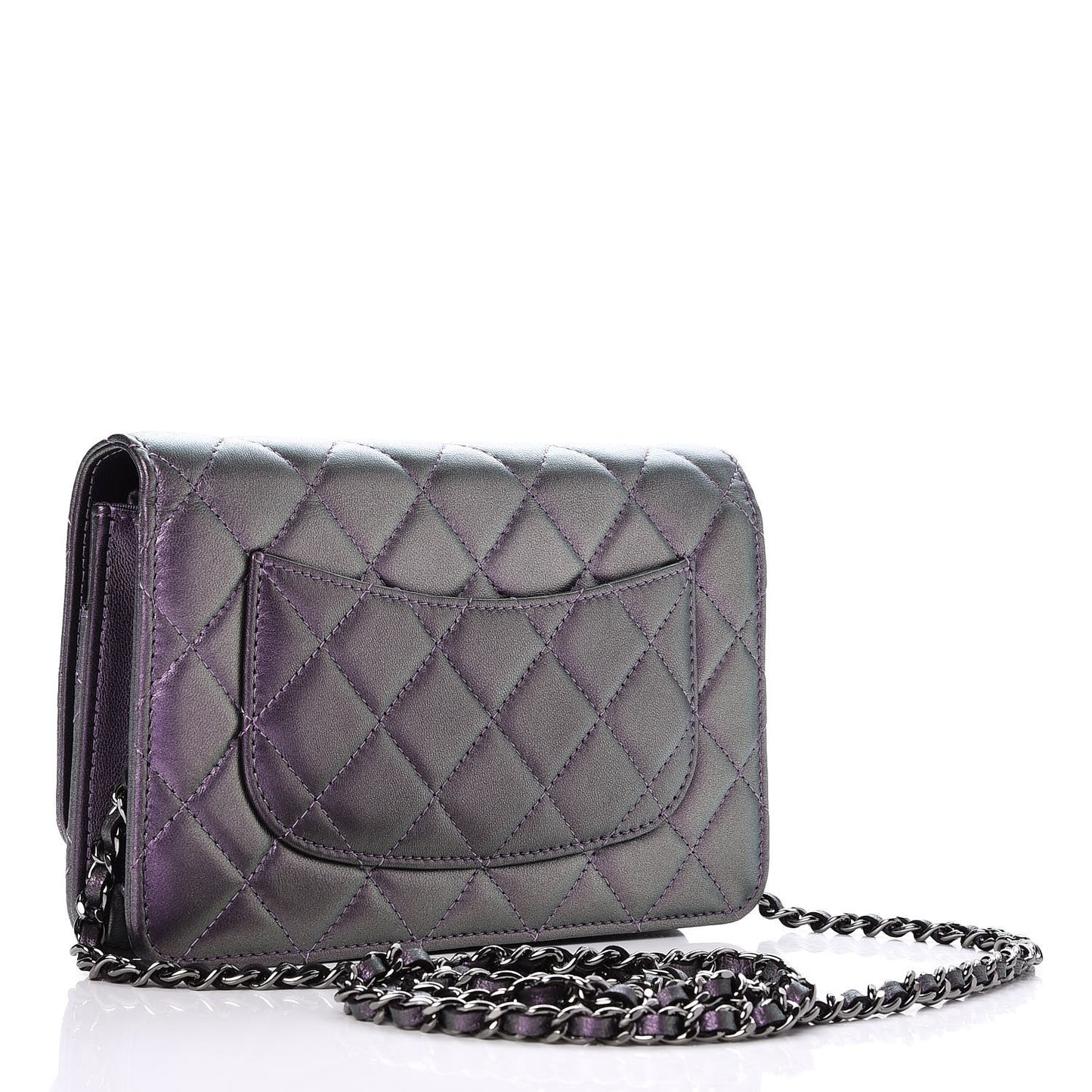 Iridescent Lambskin Quilted Wallet On Chain WOC Dark Purple