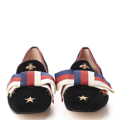 Gucci Velvet Bee Star Embroidered Sylvie Bow Loafers 37.5 Black 2 of 10