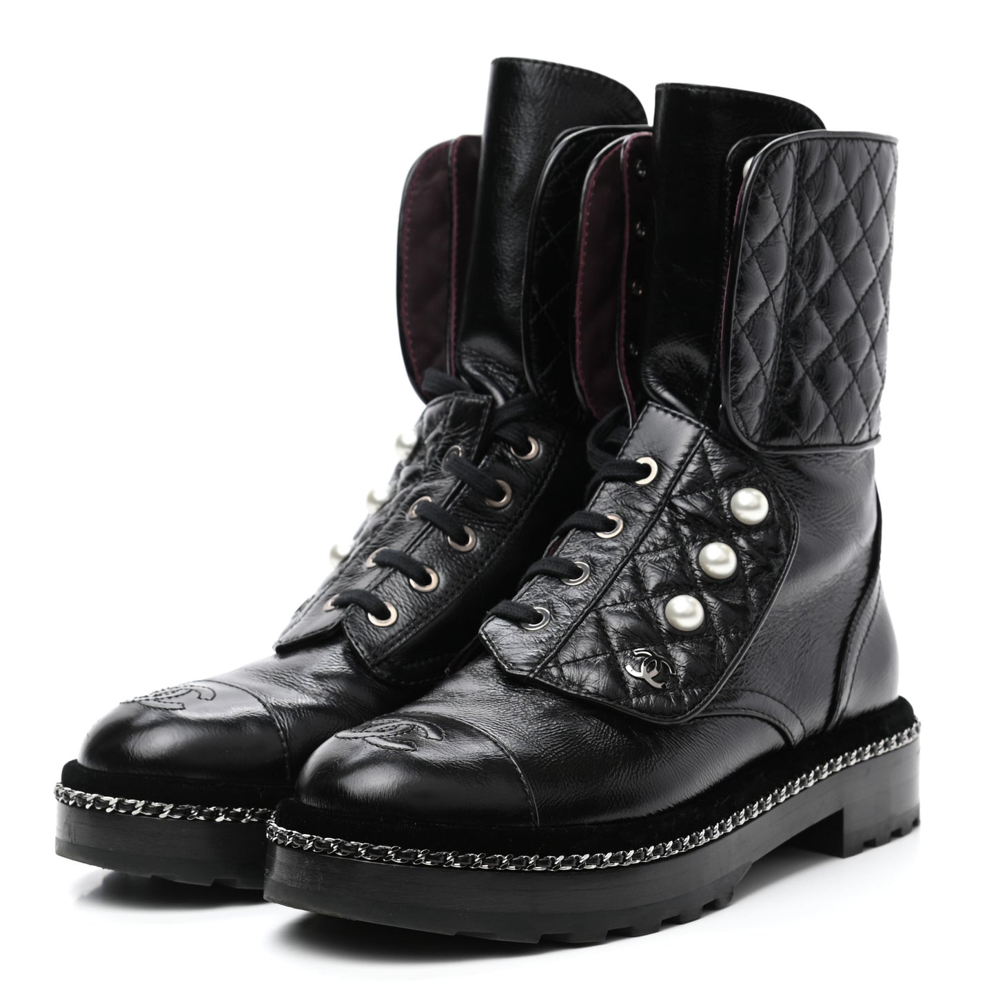 Crackled Calfskin Velvet Pearl Combat Boots 35.5 Black
