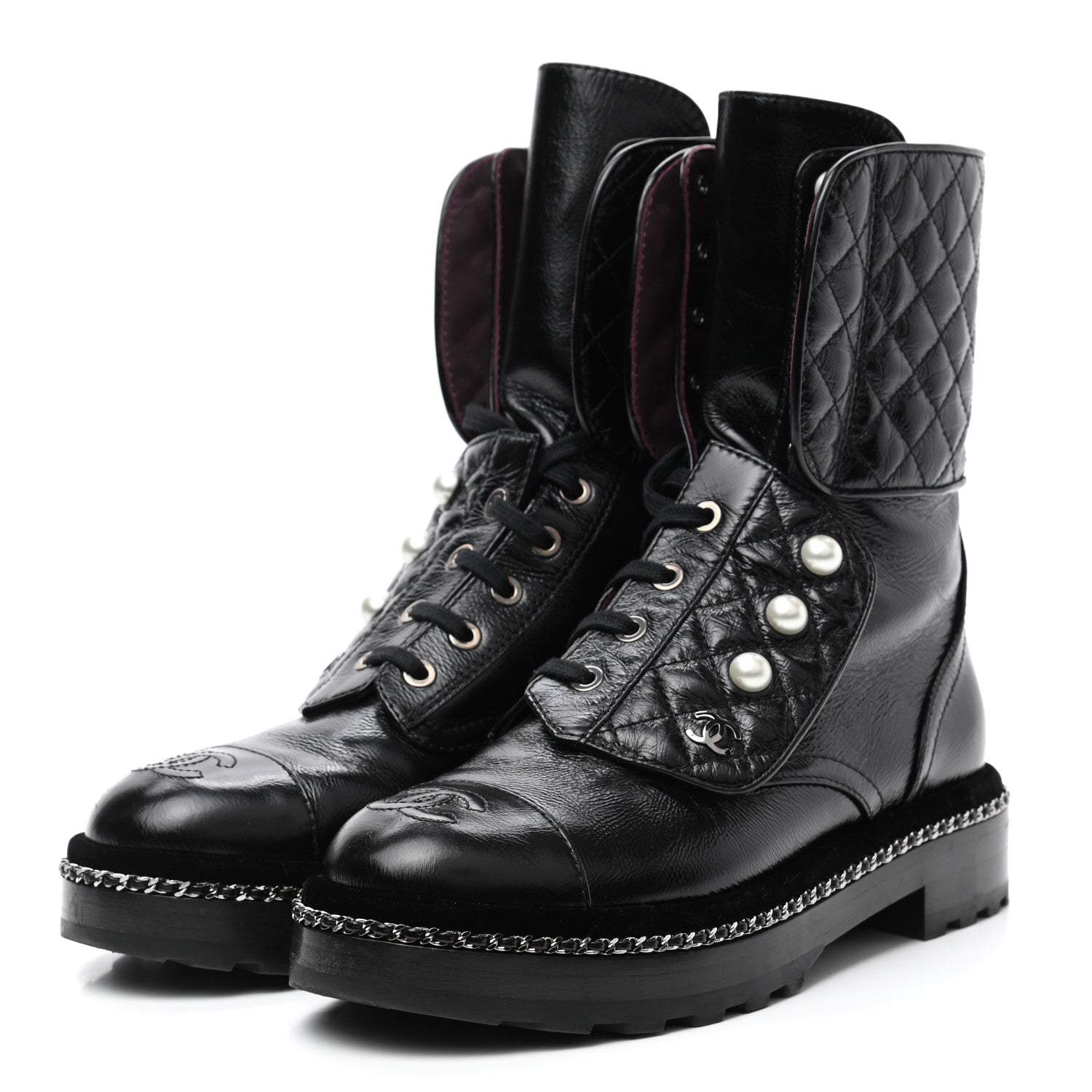 Chanel Crackled Calfskin Velvet Pearl Combat Boots 35.5 Black 3 of 8