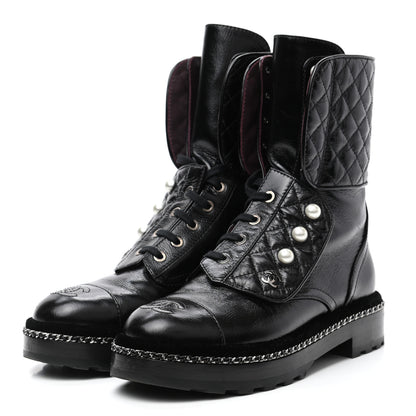 Chanel Crackled Calfskin Velvet Pearl Combat Boots 35.5 Black 3 of 8