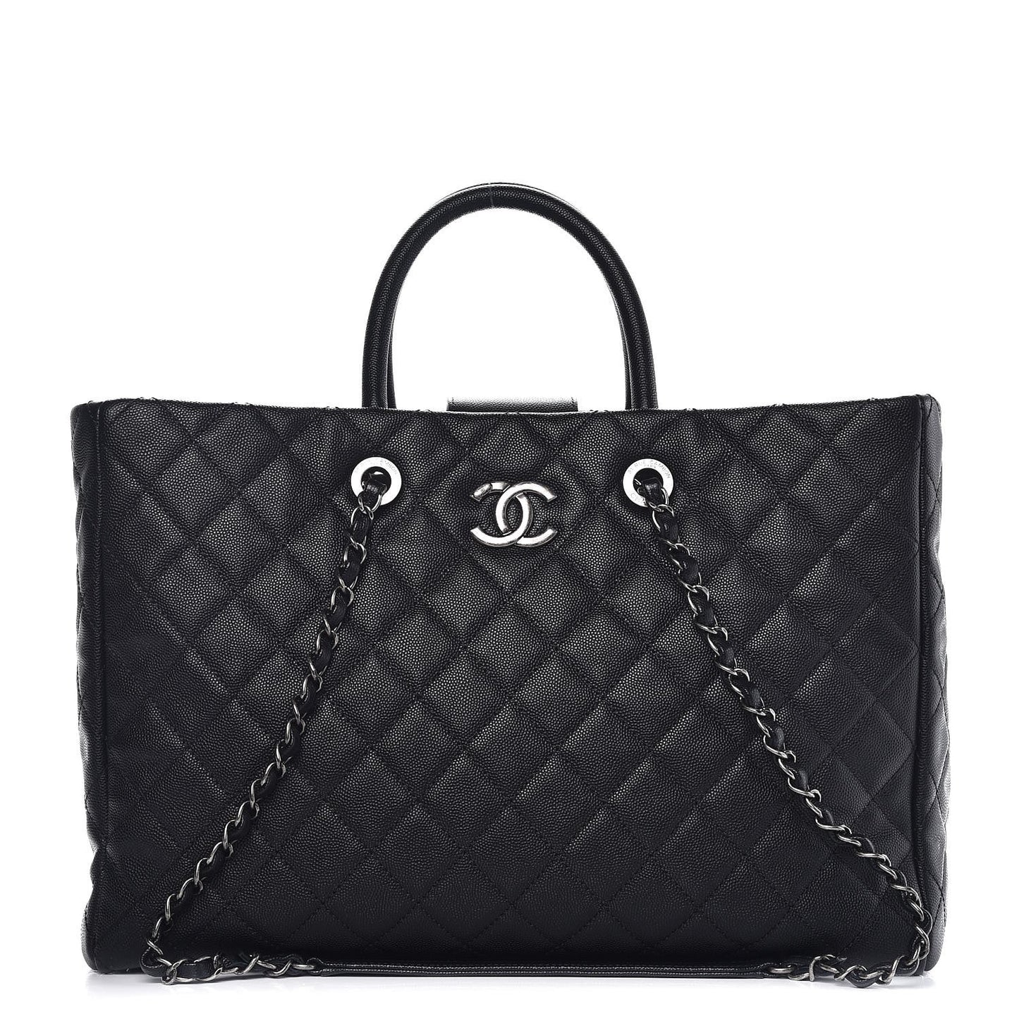 Caviar Quilted Large Coco Handle Shopping Tote Black