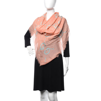 Gucci Modal Silk GG Writers Fringe Shawl Old Rose Sky Blue 2 of 4