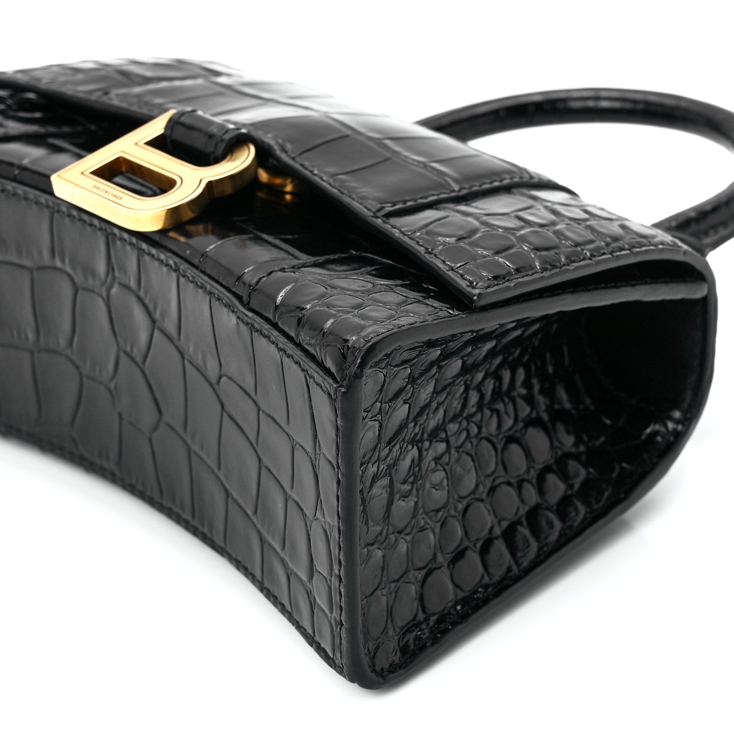 Balenciaga Shiny Calfskin Crocodile Embossed Hourglass Top Handle Bag XS Black 11 of 11