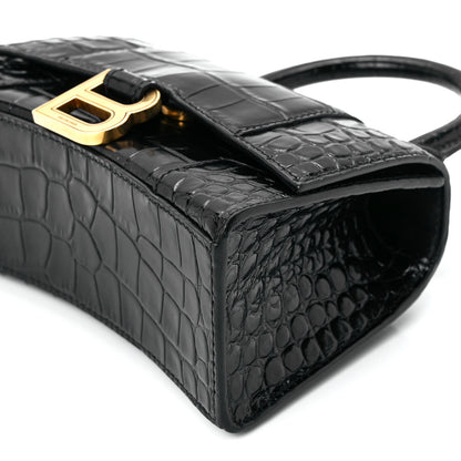 Balenciaga Shiny Calfskin Crocodile Embossed Hourglass Top Handle Bag XS Black 11 of 11