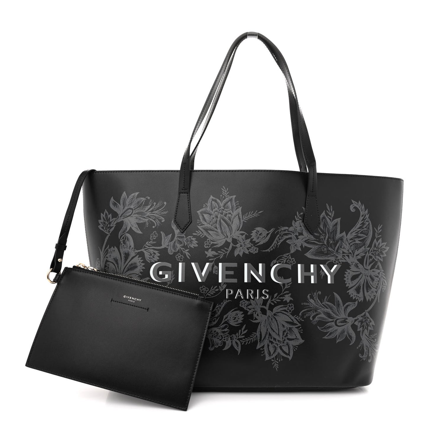 Smooth Calfskin Floral Print Logo Wing Shopper Tote Black White